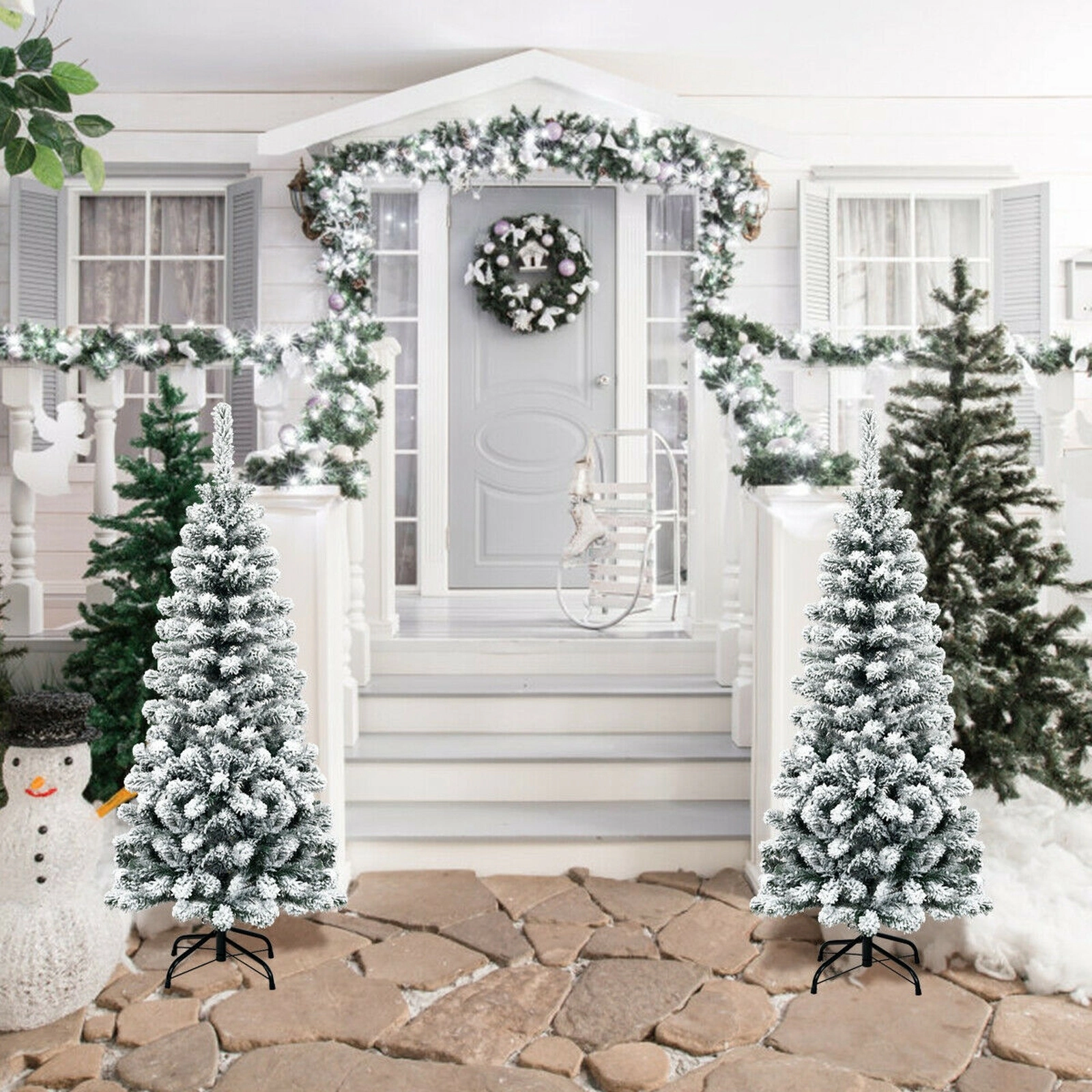 SUGIFT 4.5-ft Unlit Hinged Snow Flocked Artificial Pencil Christmas Tree 242 Tips 1.8-ft Wide 14-in Metal Stand White