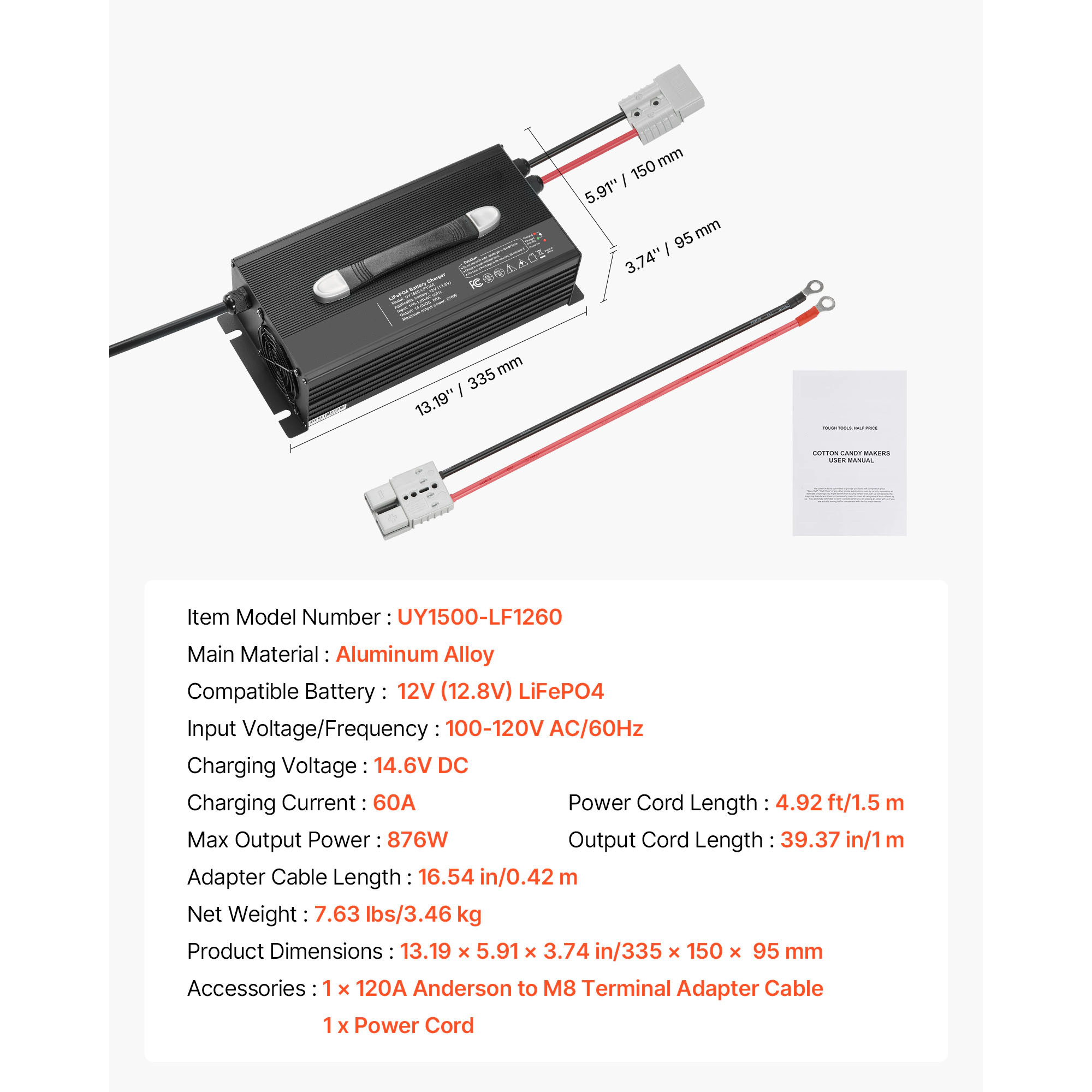 HONGGE Lithium Battery Charger, AC-DC LiFePO4 Smart with Connector, LED Indicator, 0V Activation