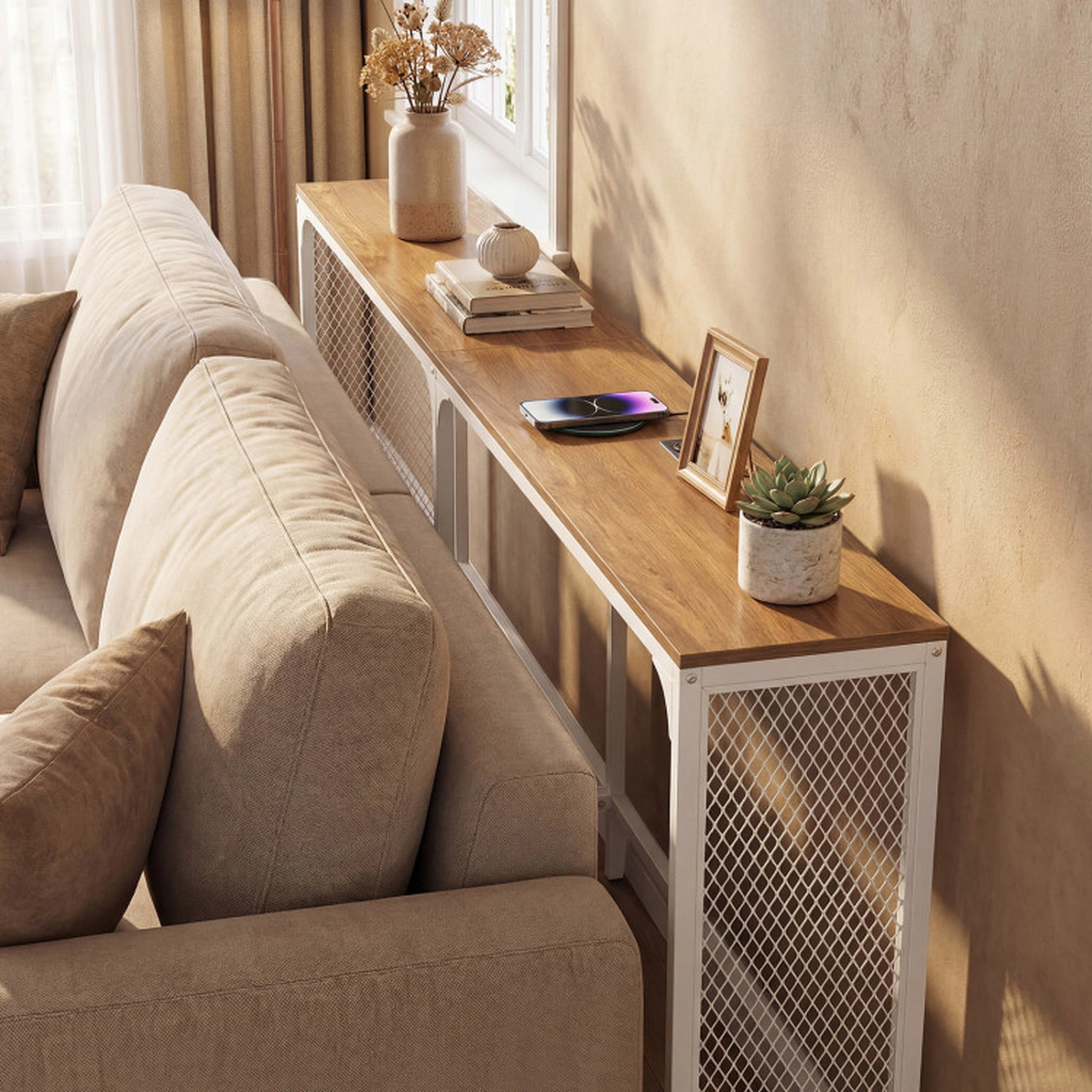 SUGIFT Narrow Reversible Charging Station White Metal Frame Console Table 71-in x 8-in x 32-in 100-lb Capacity Natural