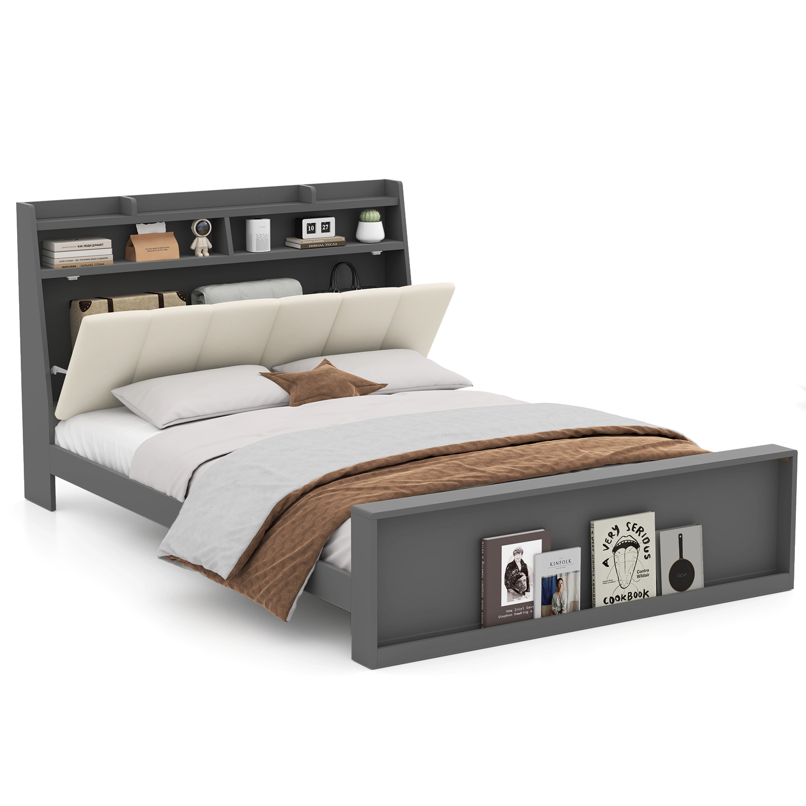 LJG Full Size Bed Frame with Storage Modern Platform Bed with Headboard