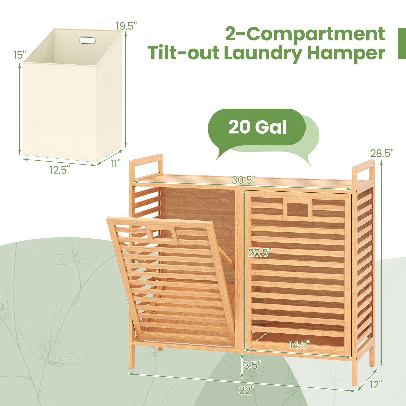 SUGIFT Natural Bamboo Double Tilt-Out Laundry Hamper with 2 Removable 10-gal Bins and Top Shelf