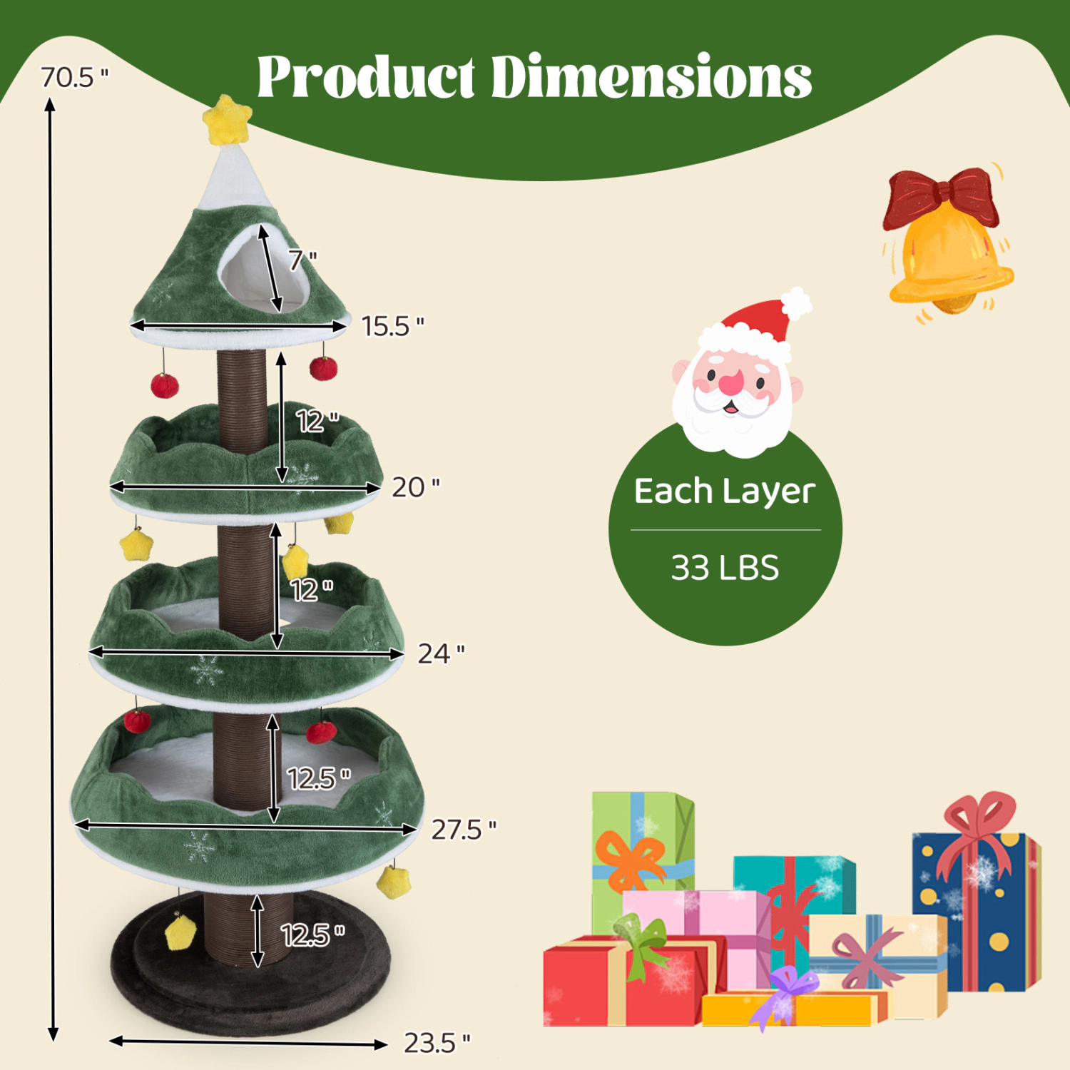 LJG Multi-level Christmas Cat Tree with 3 Platforms & Upholstered Top Perch