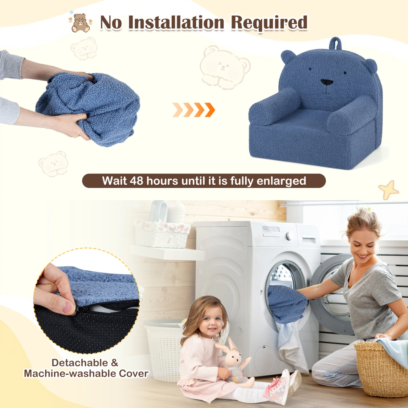 SUGIFT Kids Bear Foam Sofa Chair with Teddy Fleece Fabric Cover 20 x 16 x 18 in Ages 3+ Navy Single Seat
