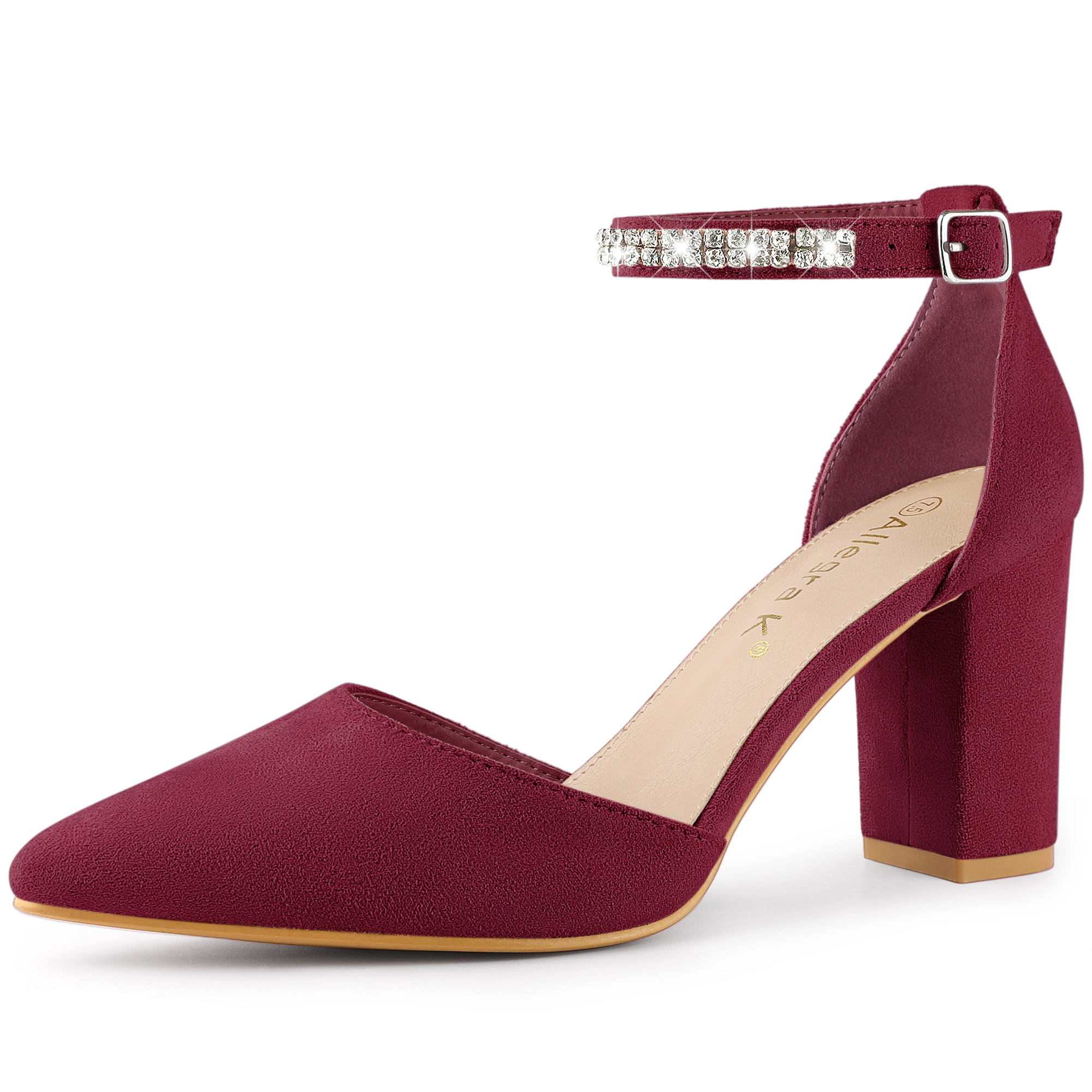 BLISSFUL STEP Women Rhinestone Pointed Toe Ankle Strap Chunky Heels Pumps