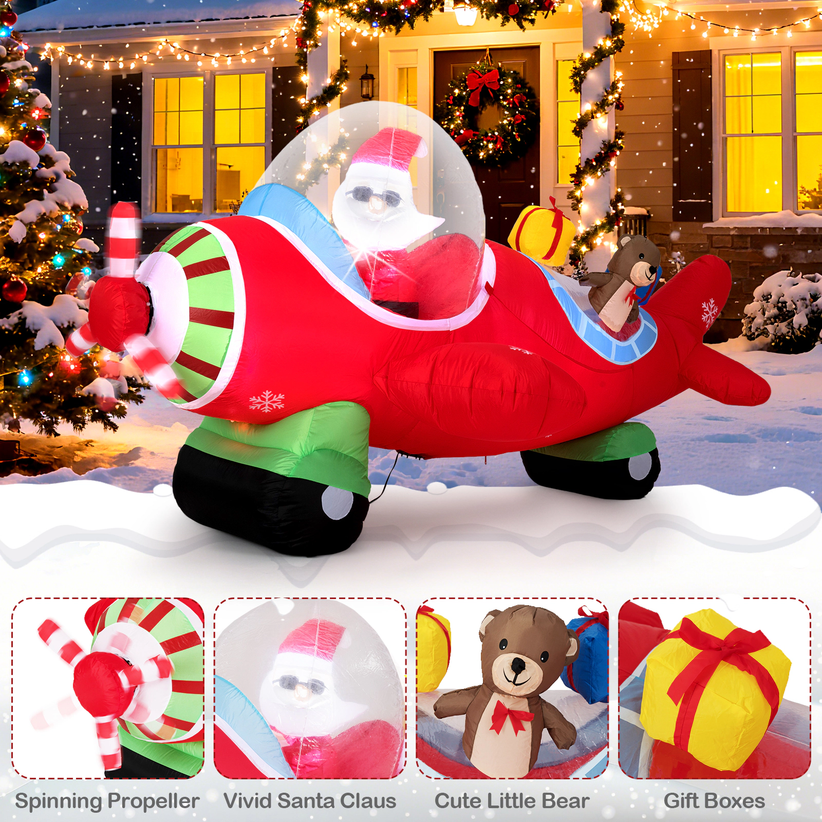 SUGIFT 7.2 Feet Christmas Inflatable Airplane with Gift Boxes and Spinning Propeller