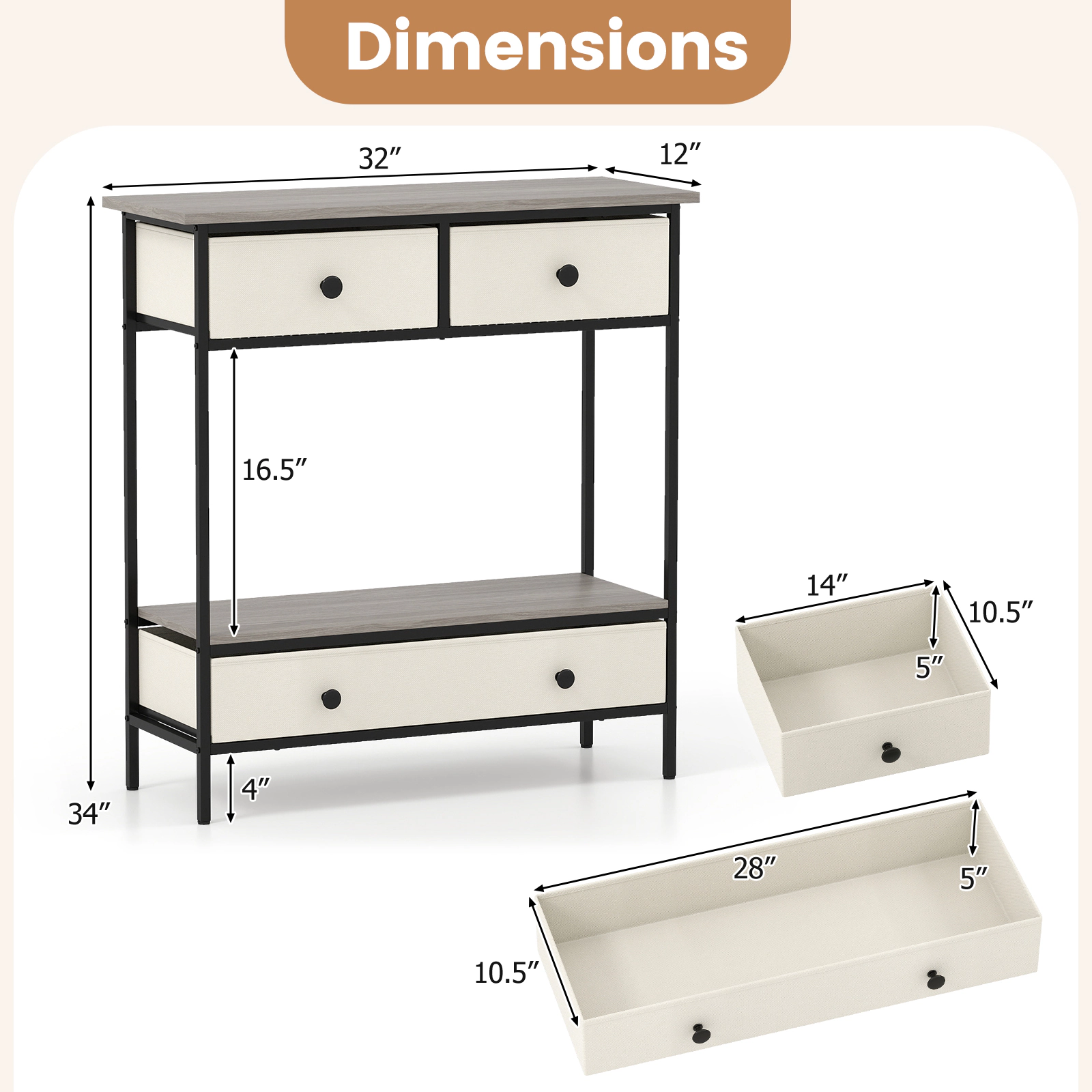 SUGIFT 32-in 66-lb Capacity Gray Farmhouse Console Table with 3 Foldable Removable Drawers and Open Shelf