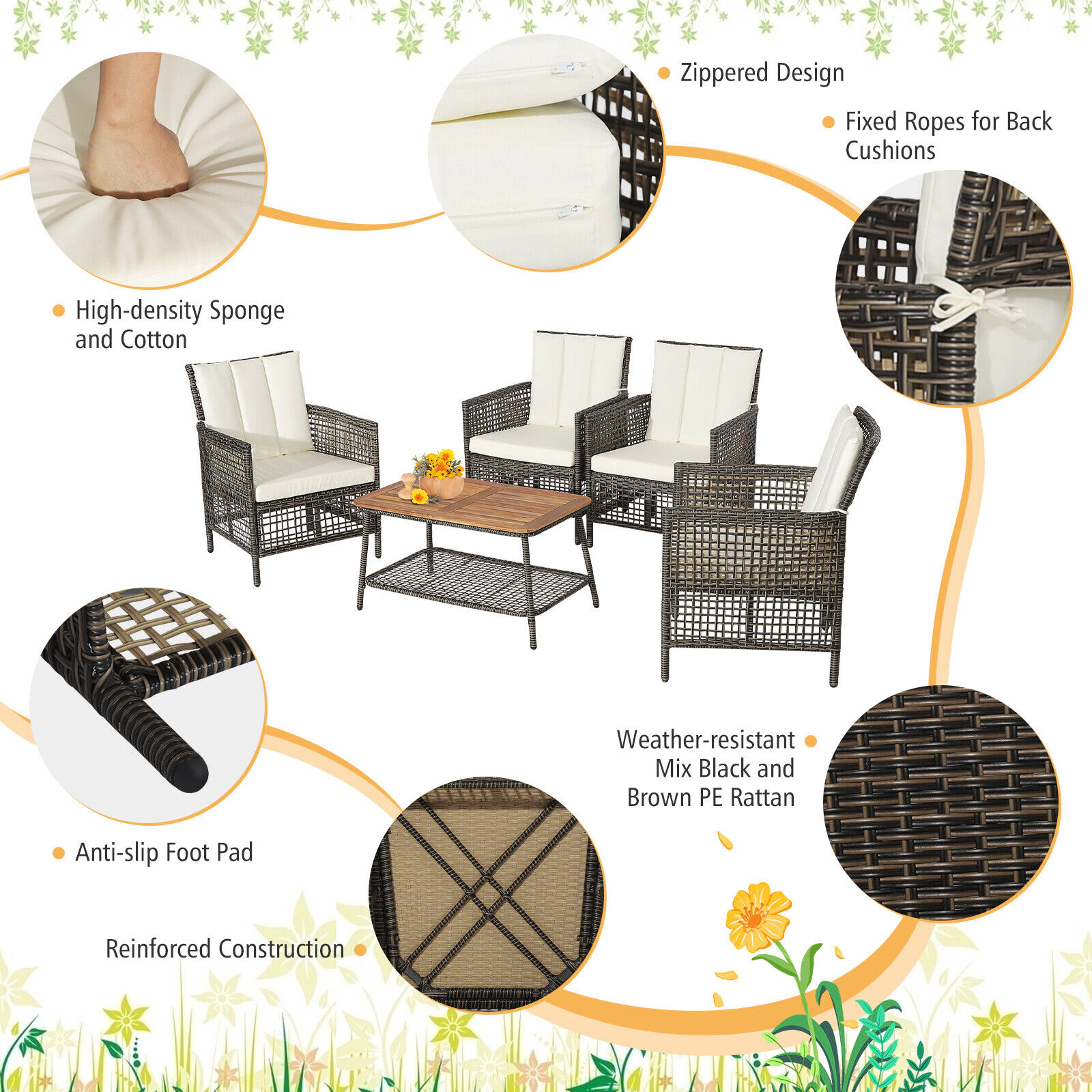 LJG 5 Pieces Patio Rattan Furniture Set Cushioned Sofa Armrest Wooden Tabletop