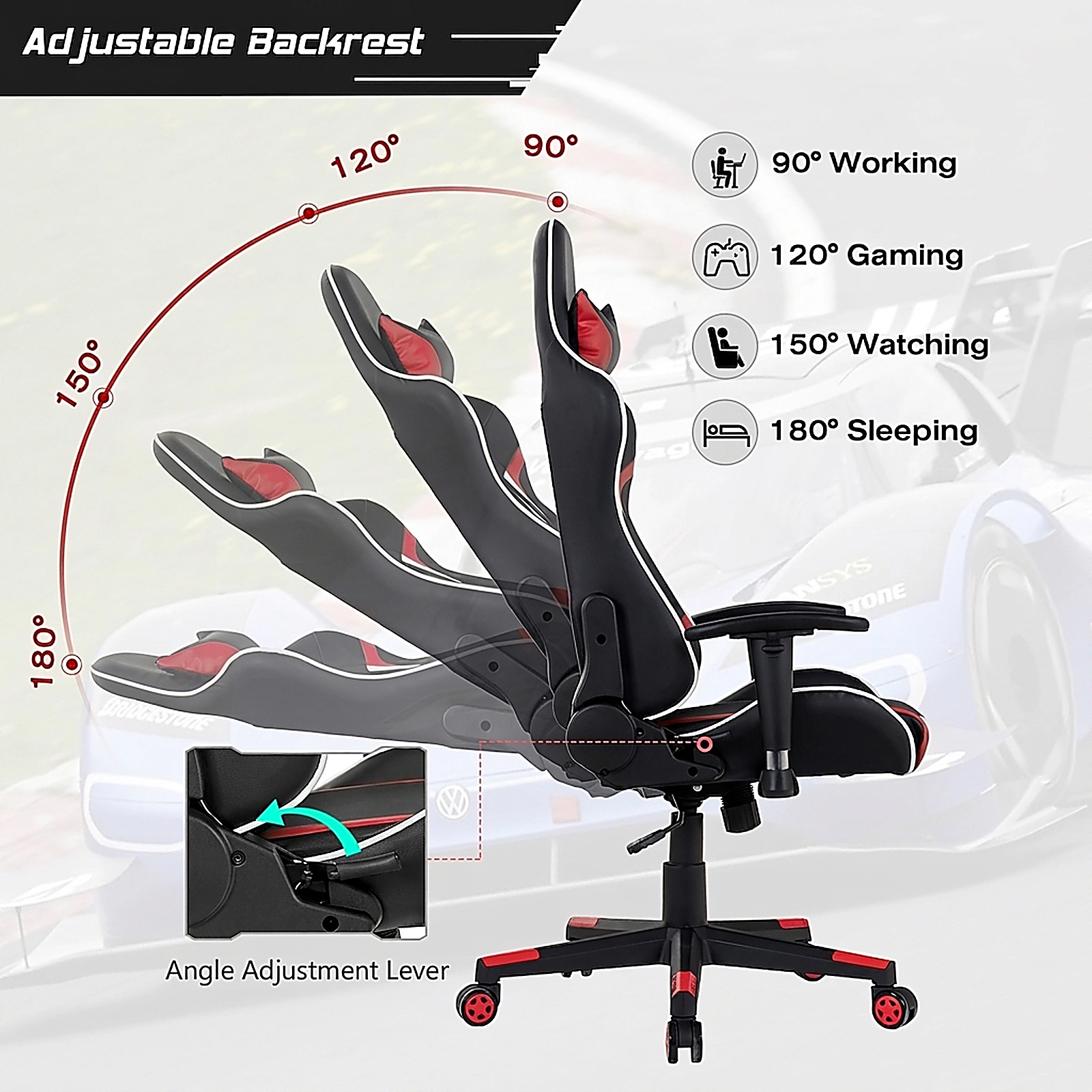 SUGIFT Reclining Swivel Massage Gaming Chair with Lumbar Support 330-lb Capacity 29 x 29 x 50-54 in Frame Red