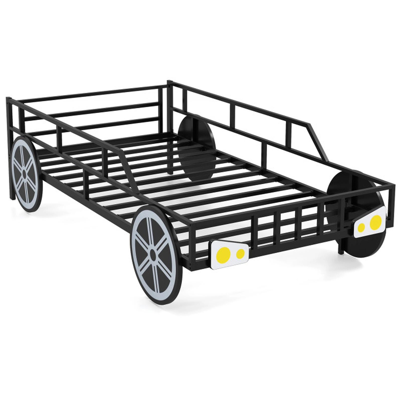SUGIFT Car-Shaped Kids Metal Toddler Bed Frame Twin-Size 12-in Guardrails 485-lb Capacity 77-in Length 2-Piece Set Black