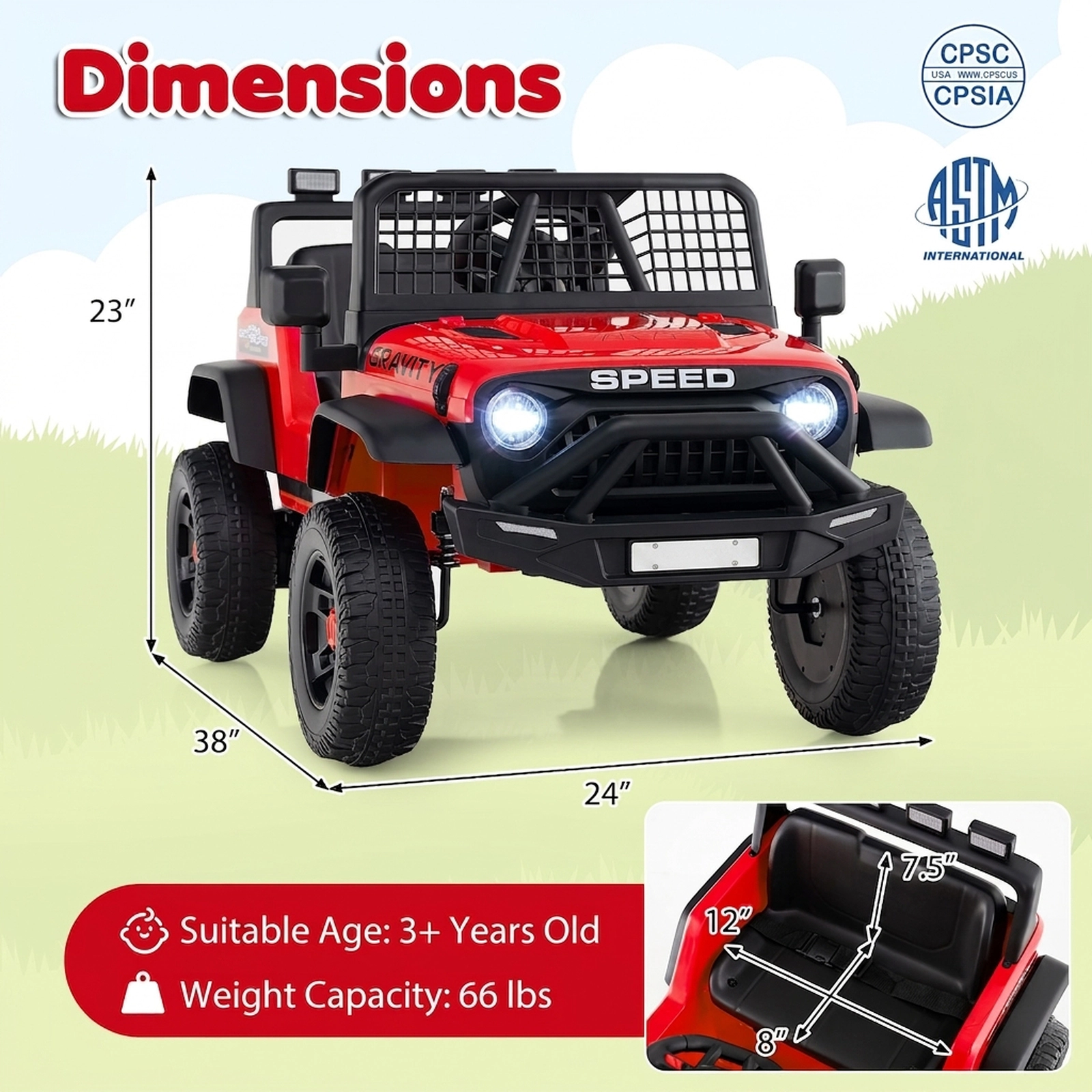 24V Kids Ride On Car Parent Remote 3 Speeds Emergency Brake LED Headlights Music Player Ages 3+ Red Electric Car Kids