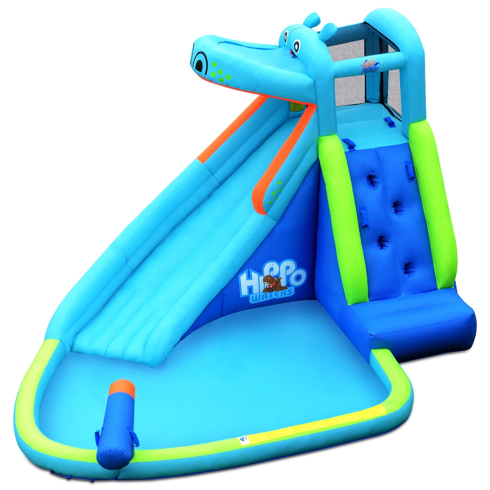 SUGIFT Blue Hippo Inflatable Water Slide Bounce House with Splash Pool Climbing Wall and 740W Blower