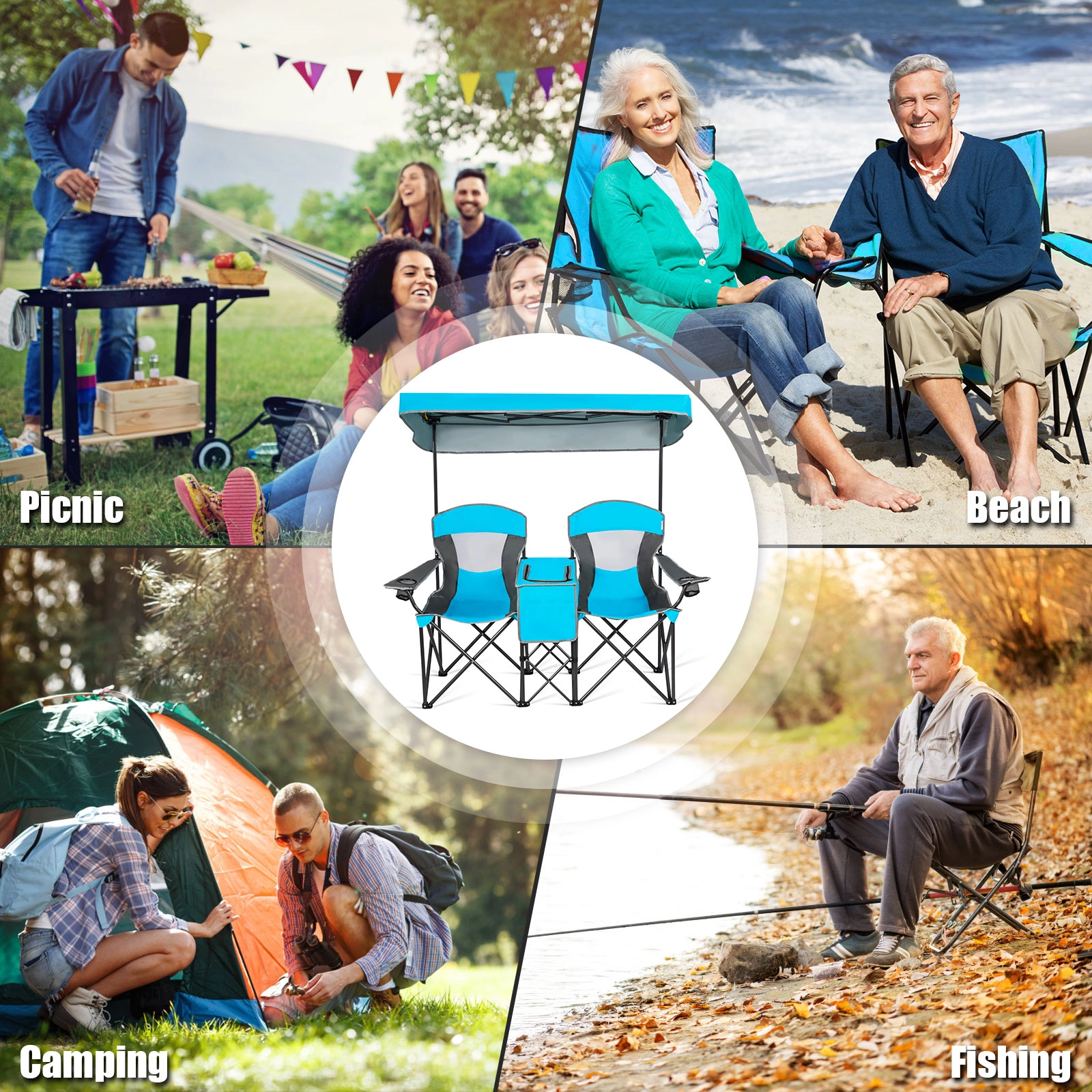 SUGIFT Blue Double Folding Camping Chair with Adjustable Canopy and Cooler Bag 55.5-in W 28.5-in D 265-lb Per Seat
