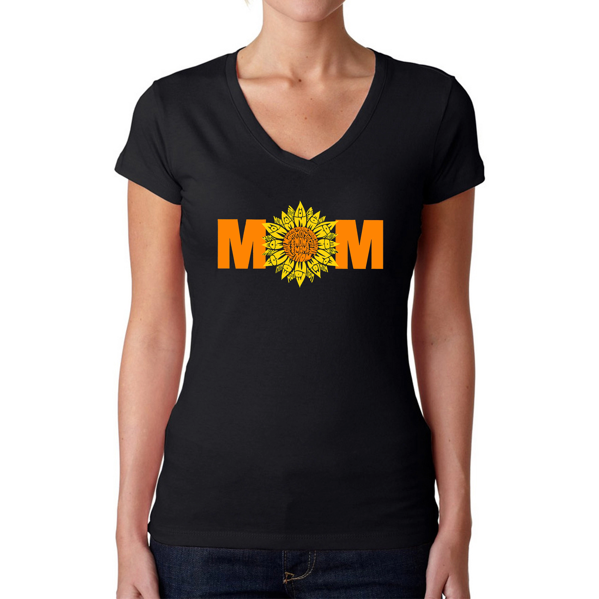 LA Pop Art Womens Word V-Neck T-Shirt - Mom Sunflower