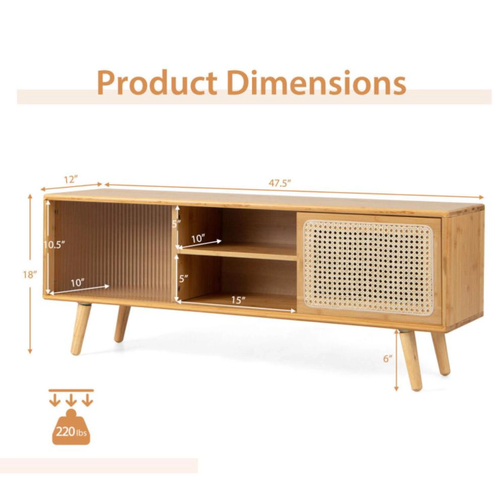 Hivvago Modern Tv Stand With Rattan Glass Sliding Doors-Natural