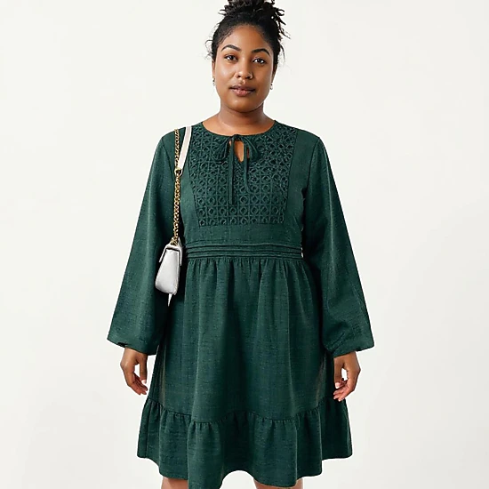 Anna-Kaci Women's Plus Size Long Sleeve Embroidered Elastic Waist Tiered Hem Midi Dress