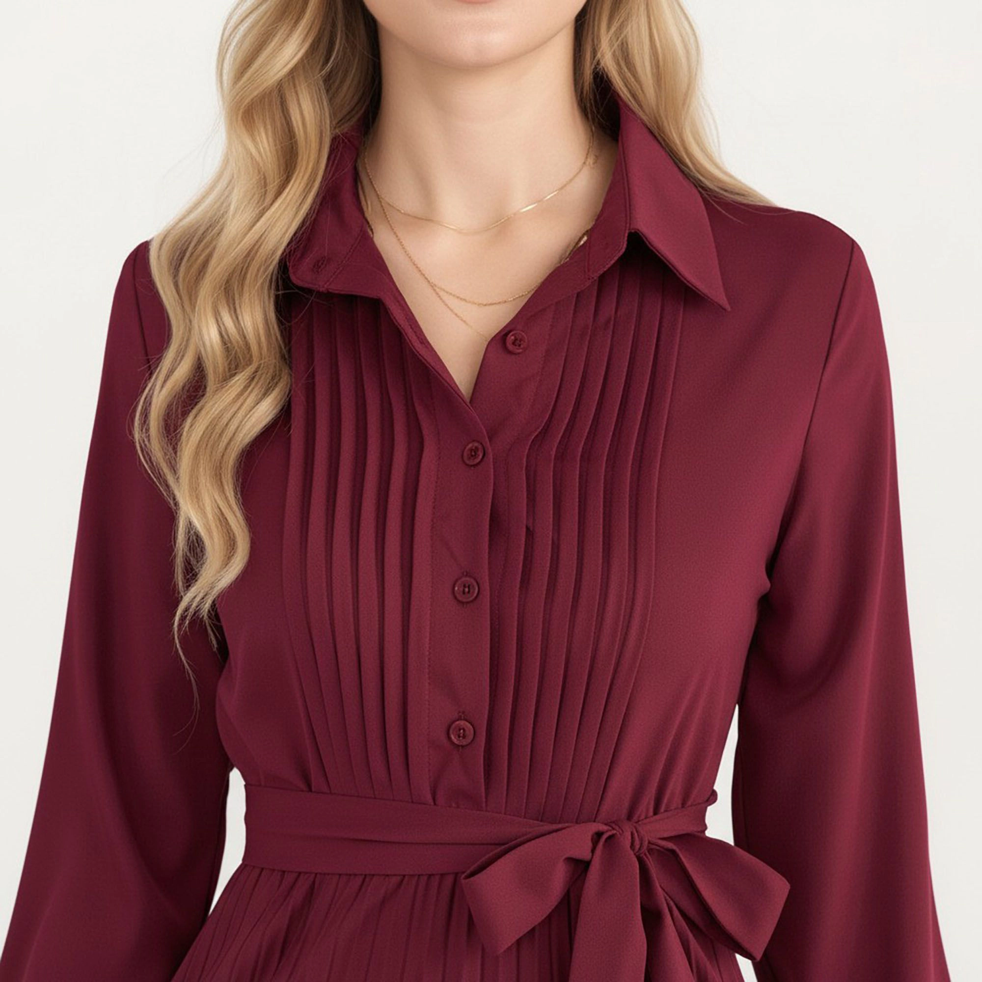 Anna-Kaci Women's Pleated Button Down Front Long Sleeve Waist Tie Midi Dress