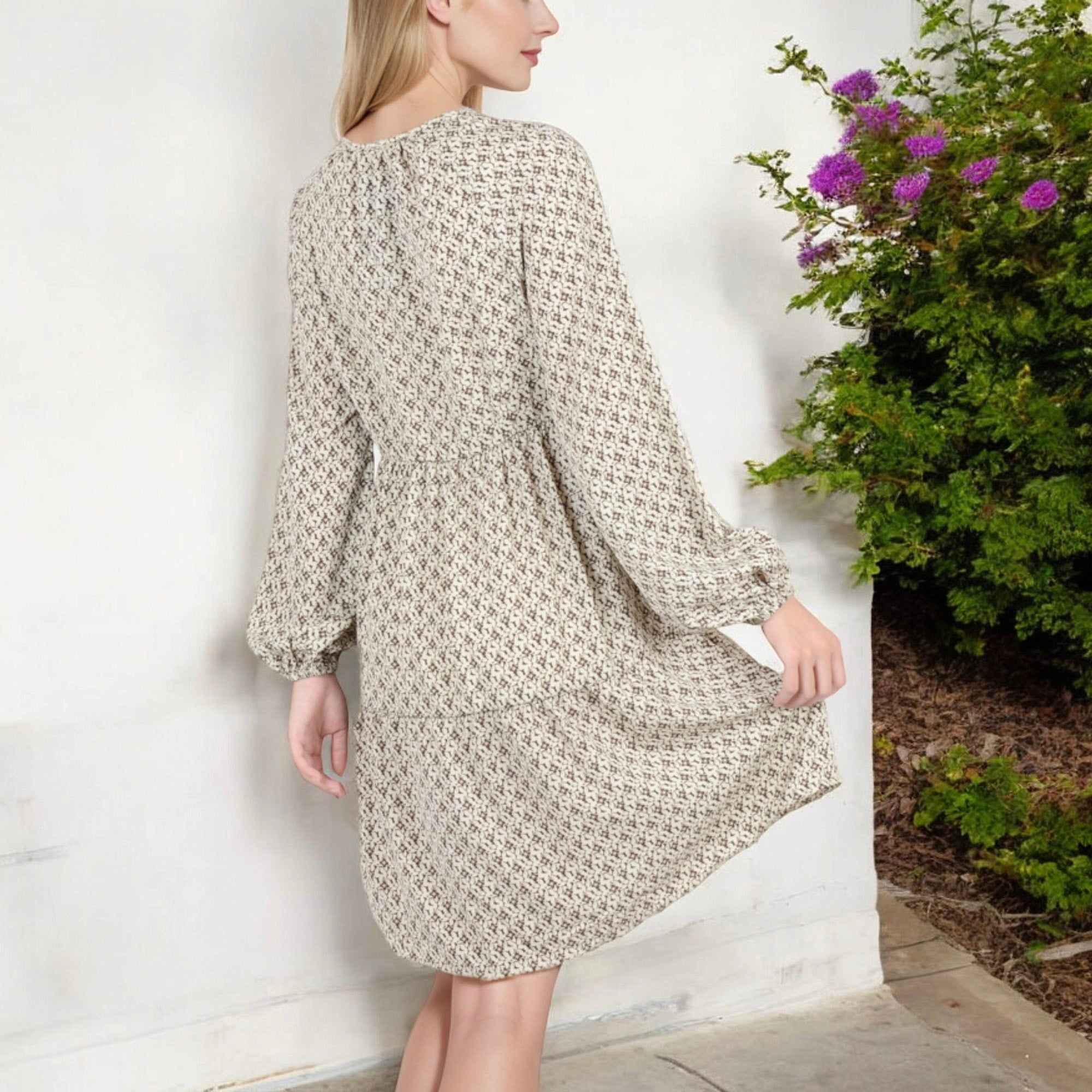 Anna-Kaci Women's Long Sleeve V Neck Boho Print Gathered Waist Dress