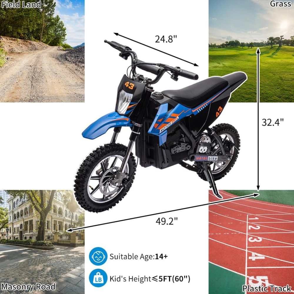 36V Teens Electric Dirt Bike, 15.5MPH Off-Road Motorcycle w/500W Brushed Motor, Disc Brake, LED Light, Leather Seat