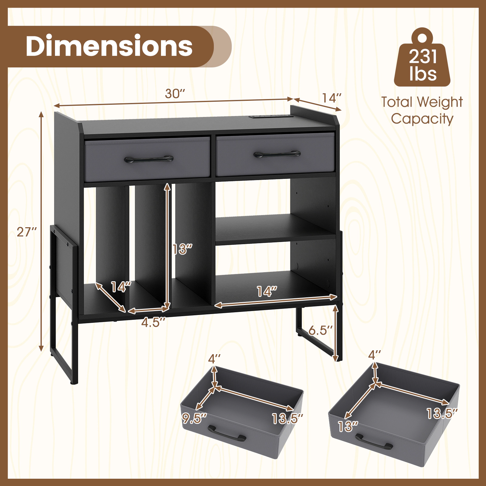 Glintex Large Record Player Stand with 2 Fabric Drawers and 209-Lb Capacity
