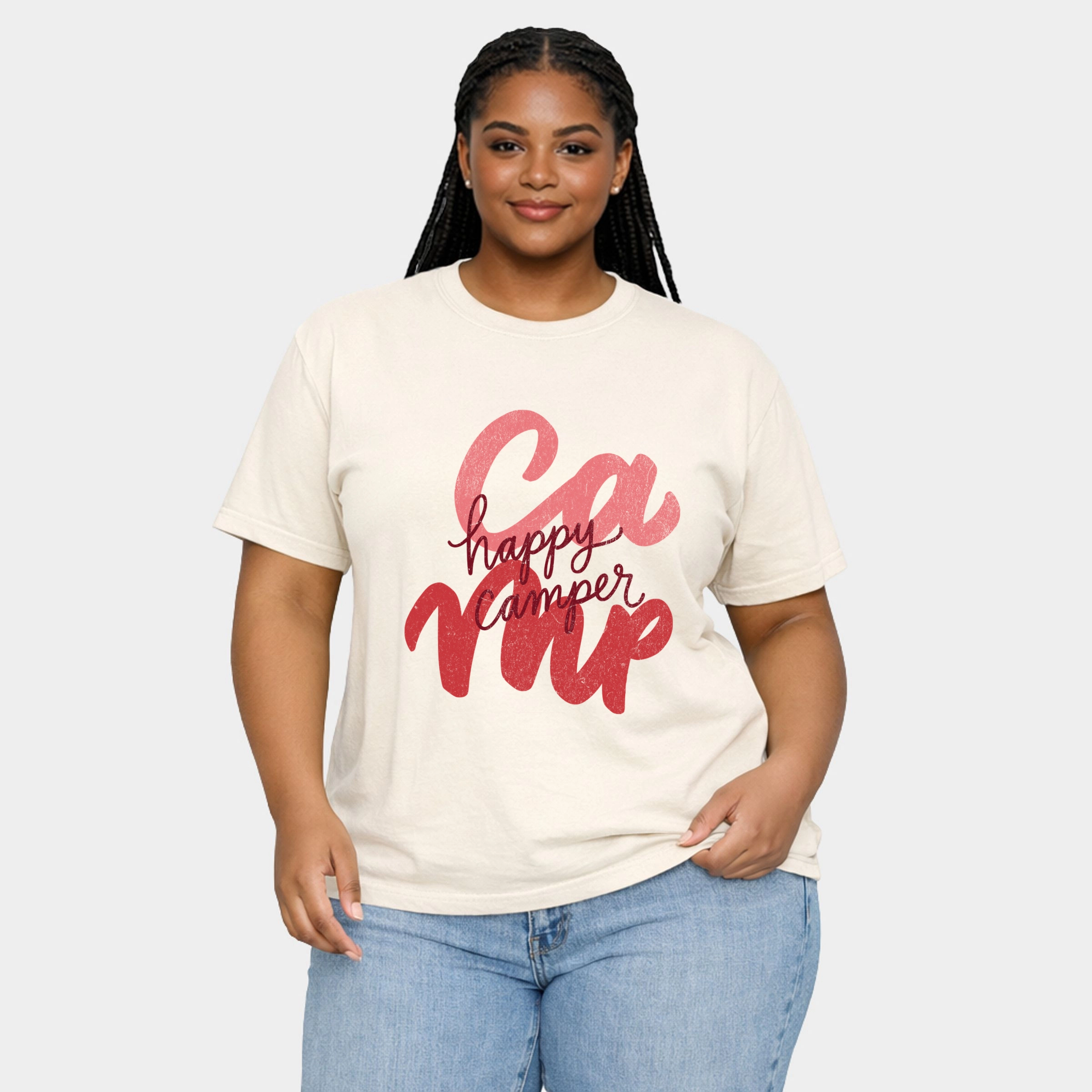 Simply Sage Market - Happy Camper Cursive - Women's Plus Sized Garment Dyed Graphic T-Shirt