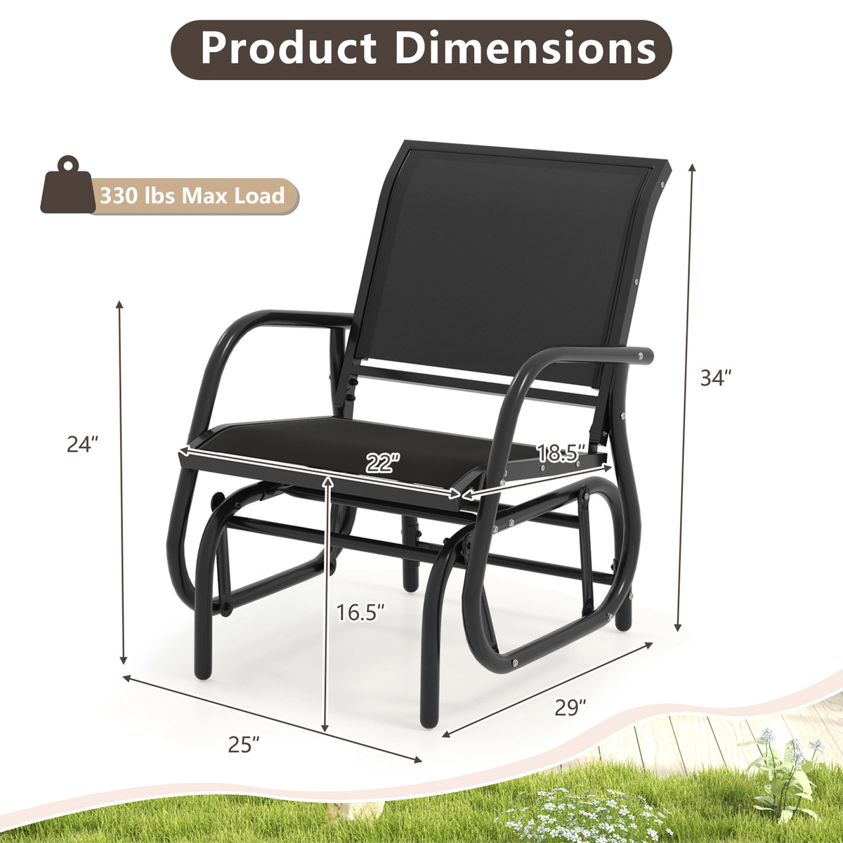 SUGIFT Powder-Coated Steel Outdoor Swing Glider Rocking Chair 34-in Backrest 330-lb Capacity 25 x 29 x 34-in Black