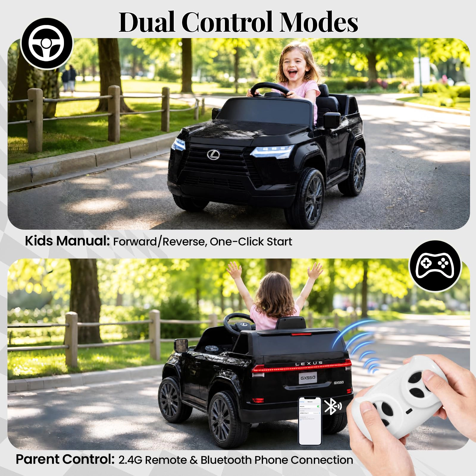 Licensed Lexus GX550 12V Kids Ride-On Car, Dual Control, 2.4G Remote, Bluetooth, LED Lights, Spring Suspension, Ages 3-6