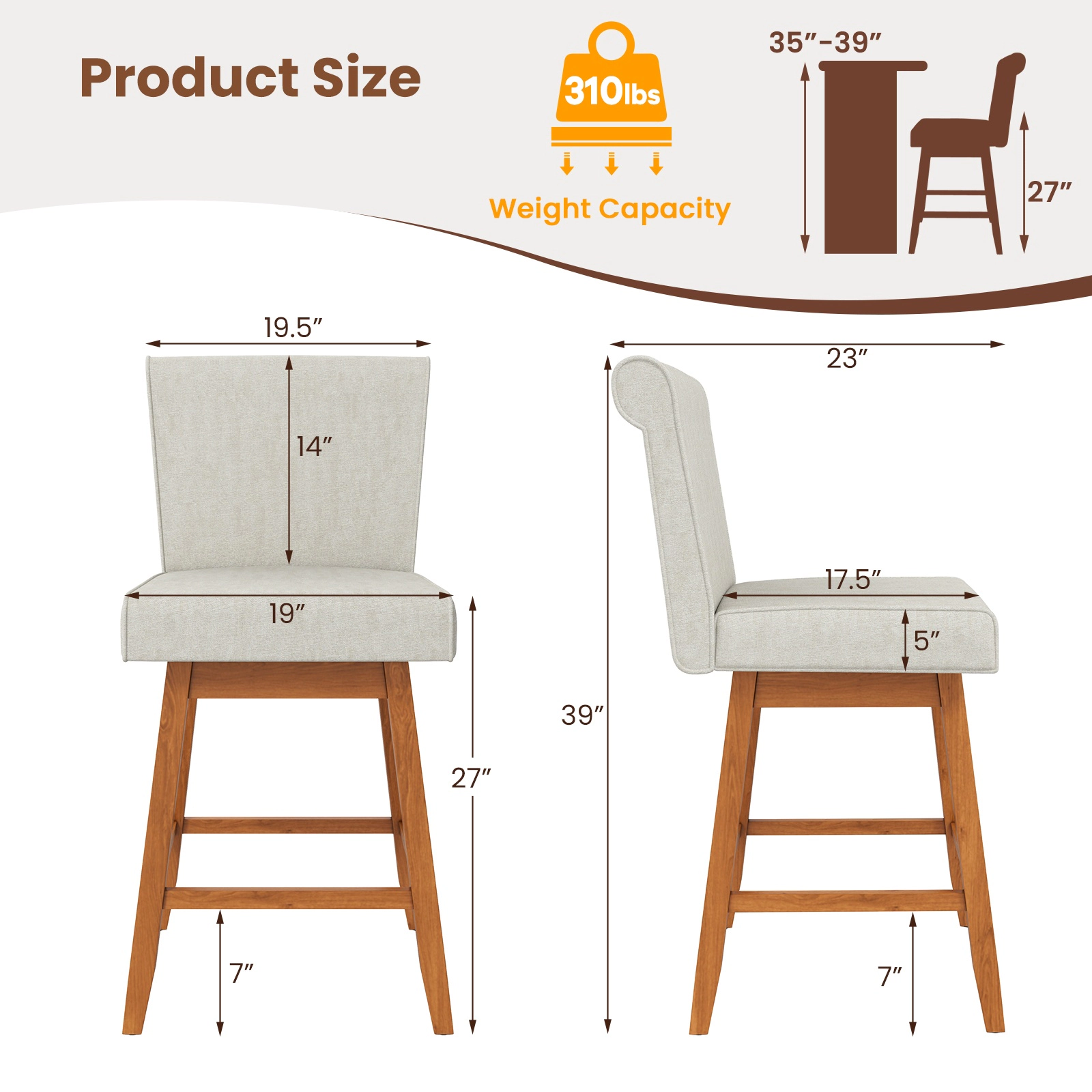 Glintex 2-Piece 27-Inch Swivel Counter Stool Set with Inclined Linen Back