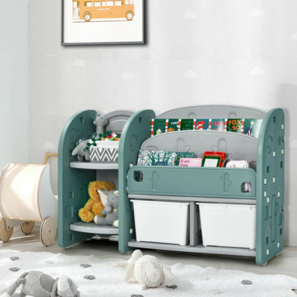 Hivvago Kids Toy Storage Organizer with 2-Tier Bookshelf and Plastic Bins