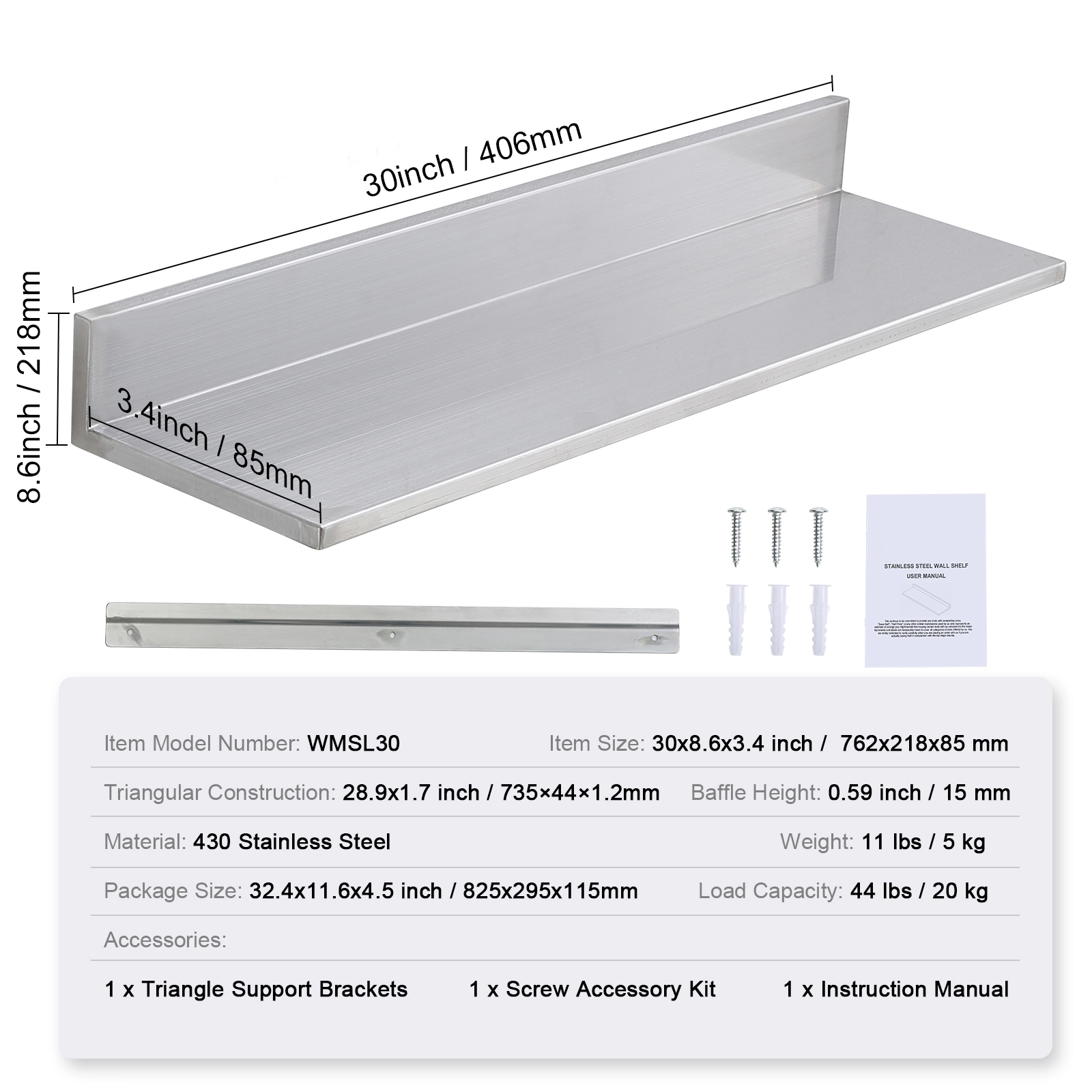 HONGGE Stainless Steel Floating Wall Shelf, Set of 2, 8.6 x 30 Inch with Backsplash, Holds 44 lbs