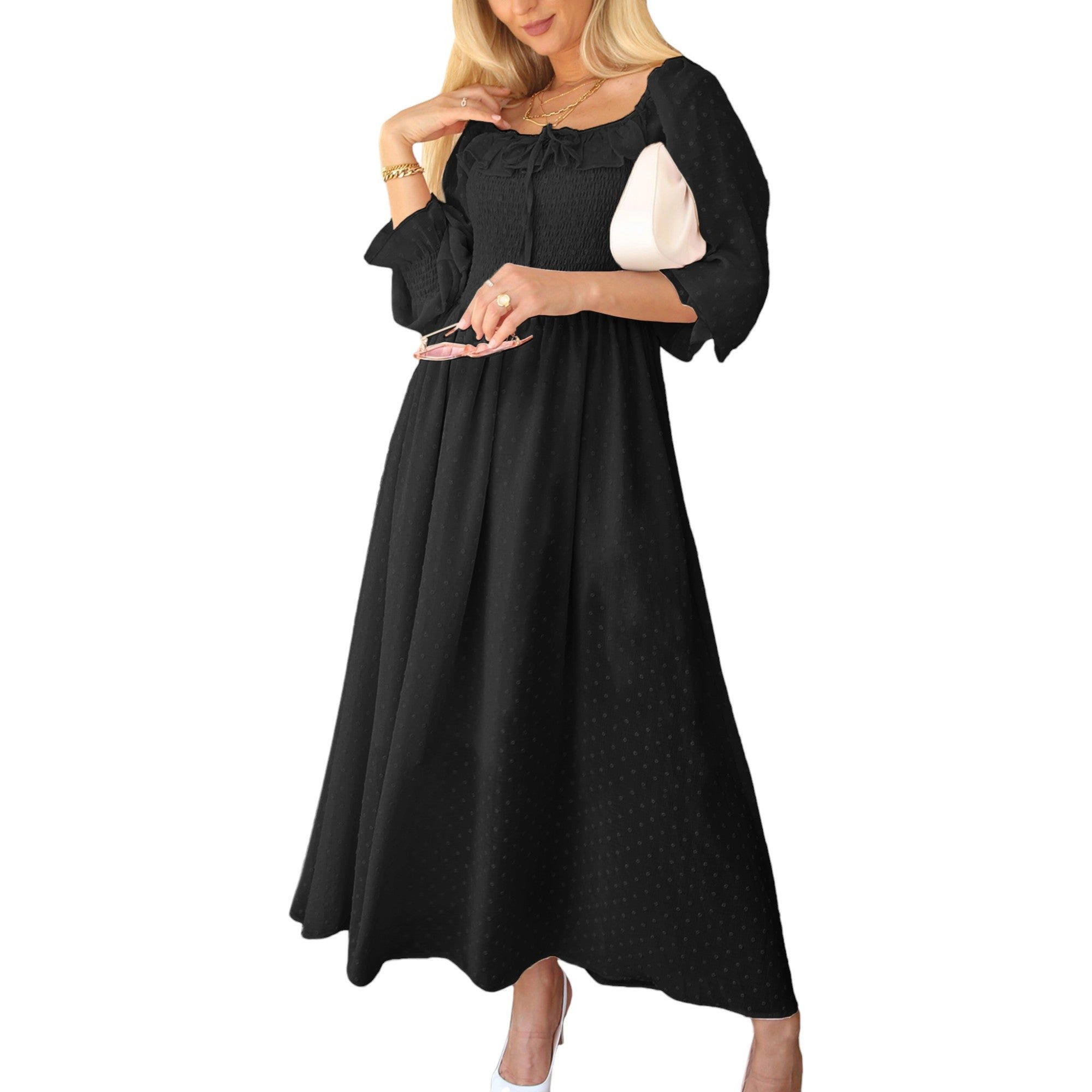 Anna-Kaci Womens Black Swiss Dot Off-Shoulder Smocked Maxi Dress