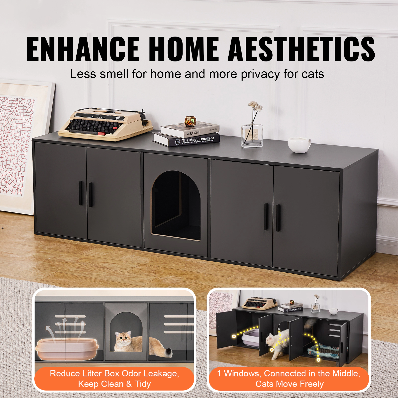 HONGGE Cat Litter Box Enclosure for 2 Cats Litter Box Furniture Hidden with Wooden Cat Box Cabinet Fit Most of Litter