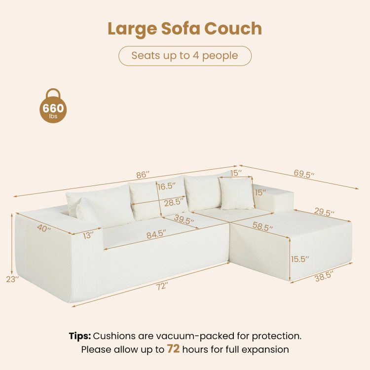Hivvago Modular Sectional Sofa Corduroy Upholstered L-Shaped Couch With Deep Seats