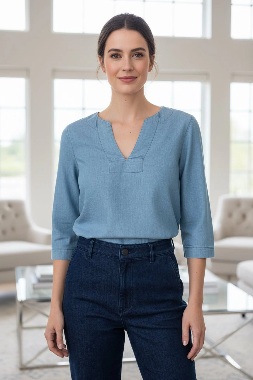 DressAtR Women's Blue Denim V Neck Three Fourth Sleeve Blouse