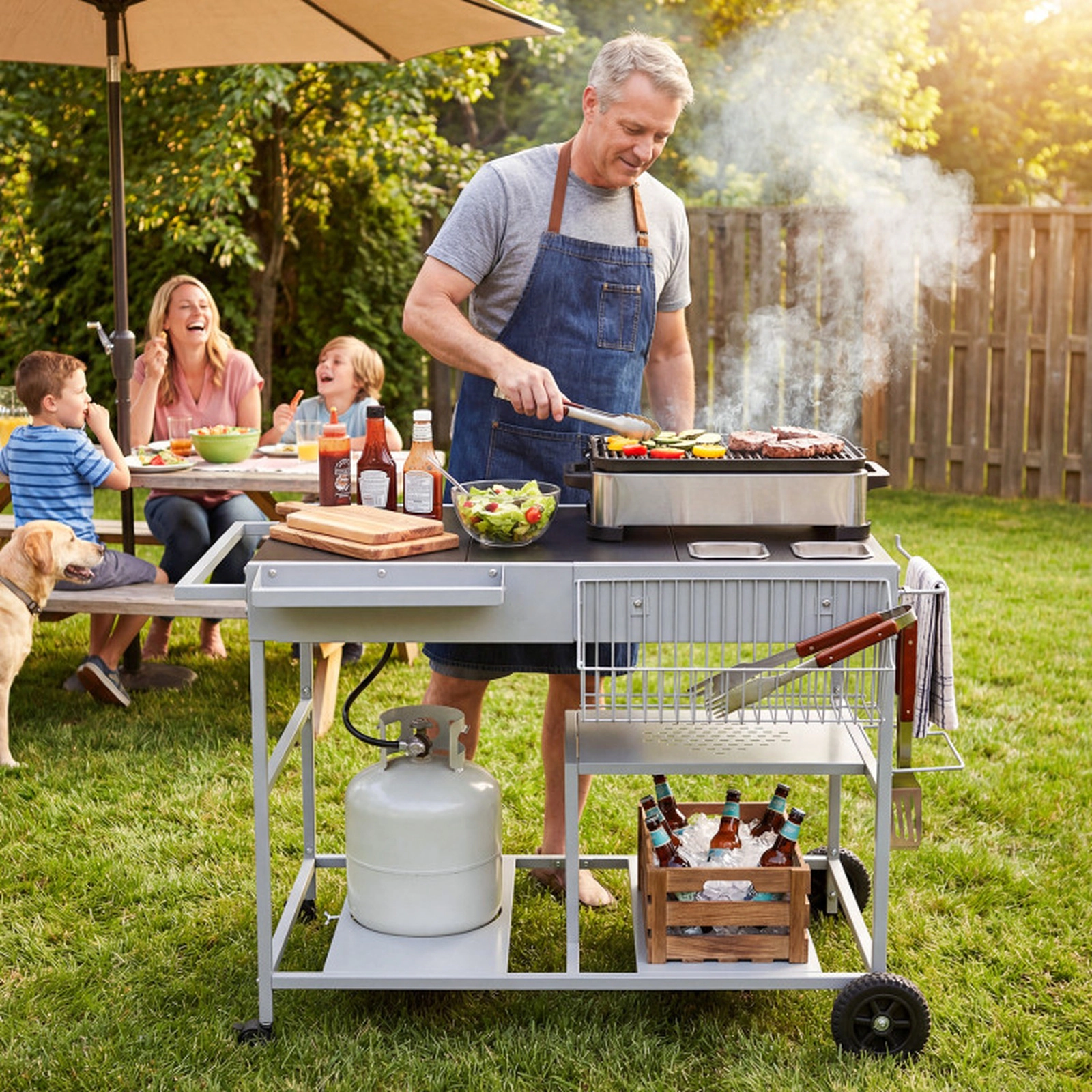 SUGIFT Black Rolling Grill Cart Table with 2 Condiment Caddies 42-in W 24.5-in D 31.5-in H 110-lb Tabletop Capacity