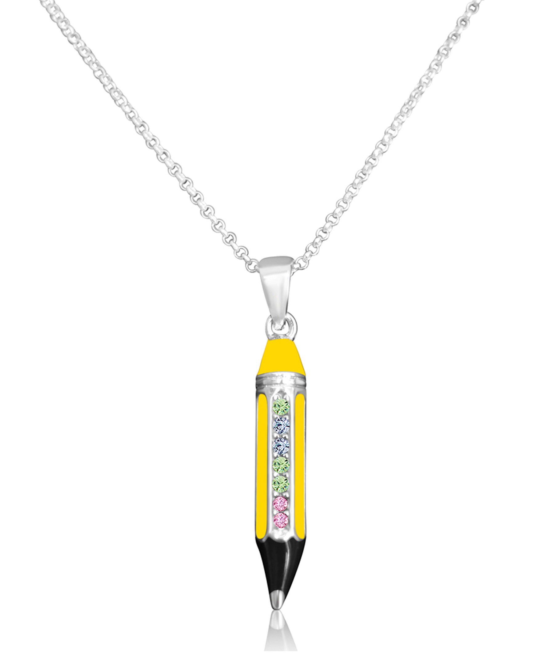 Chanteur Kids Pencil Crystal Pendant Necklace - White Gold Palladium Plating, Silver, 6"