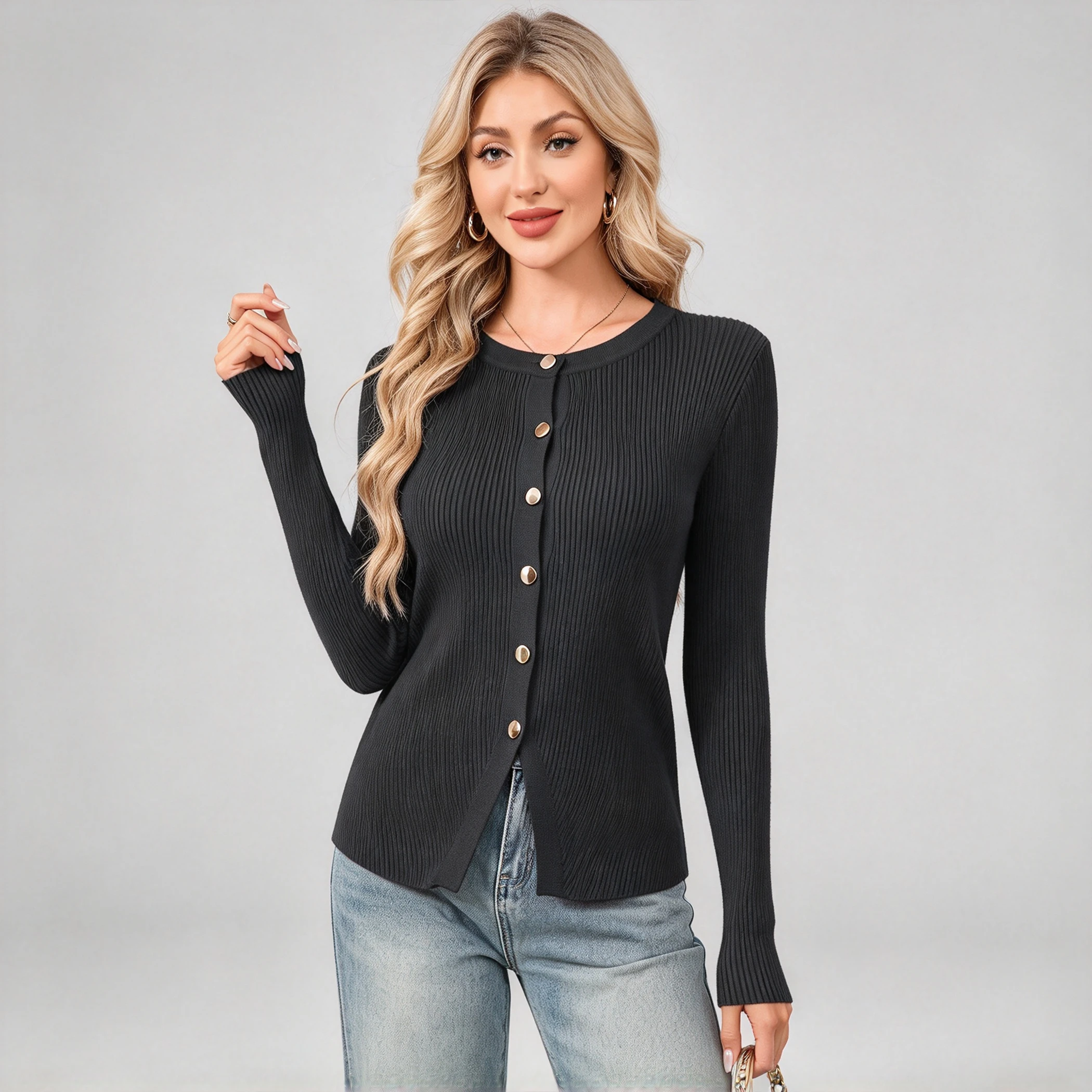YesFashion Women's Crew Neck Long Sleeve Cardigans Front Split Gold Button Down Fall Winter Sweater