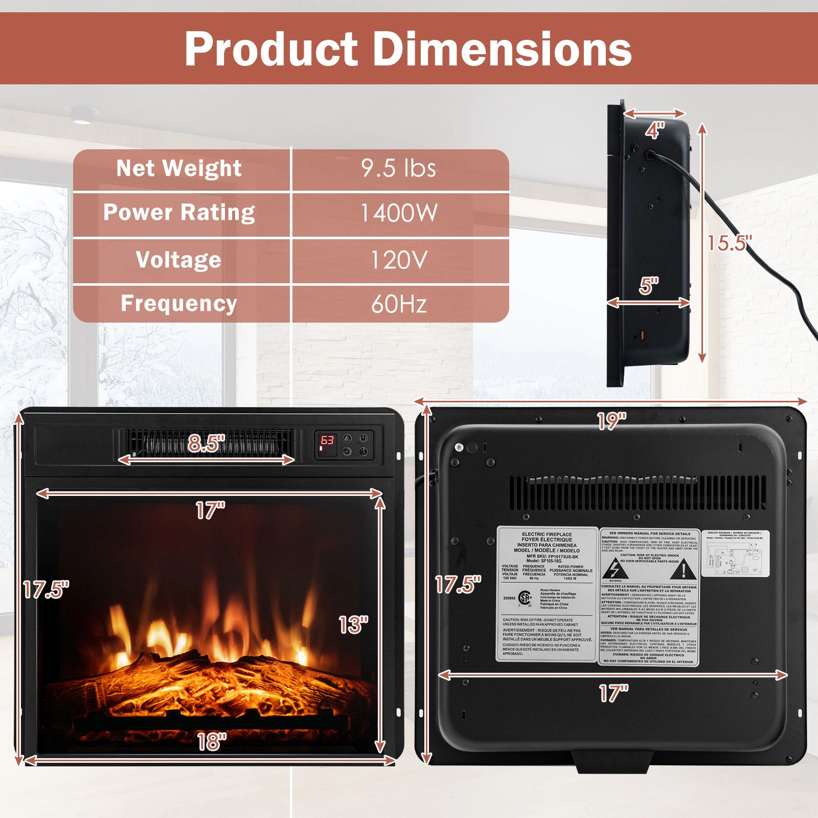 SlickBlue Electric Fireplace Insert for TV Stand or Cabinet, 18/23 Inch, 1400W, Adjustable Flame
