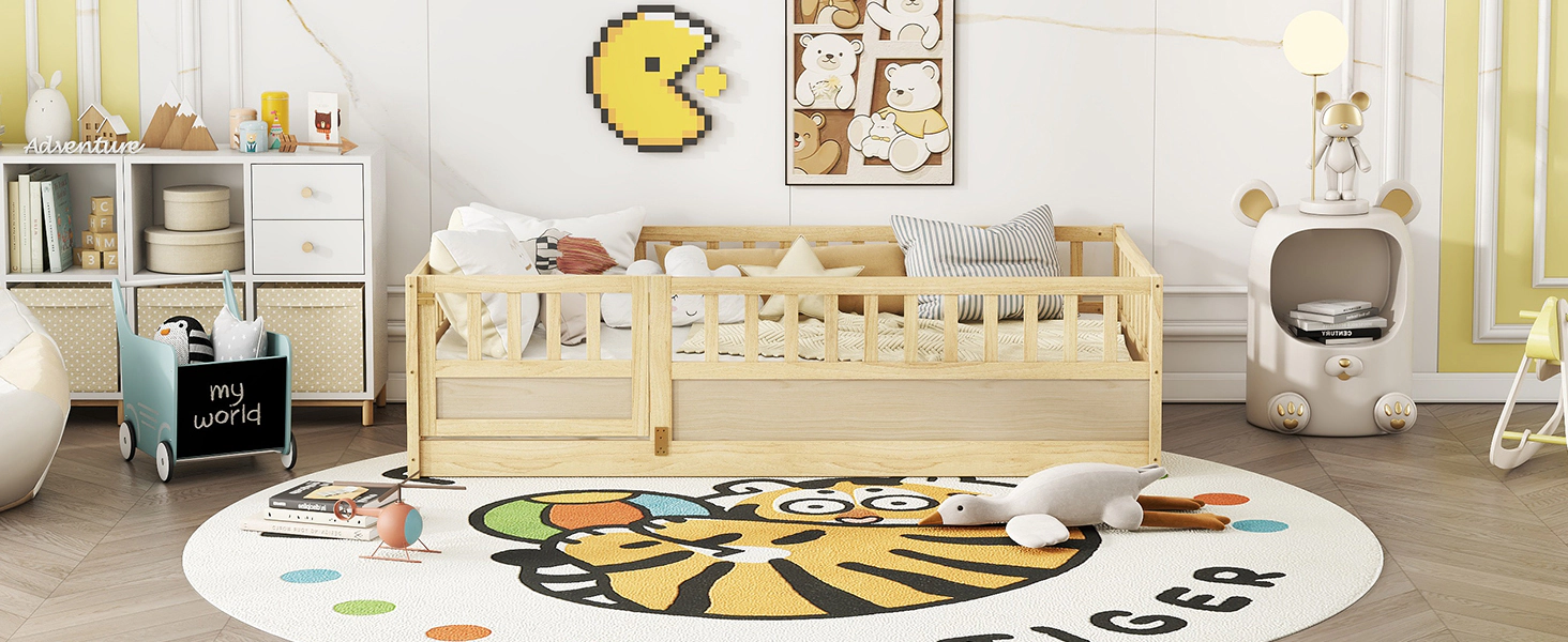 Flynama Twin Montessori Floor Bed, High Safety Barrier & Door, Solid Wood, Natural (Patented)