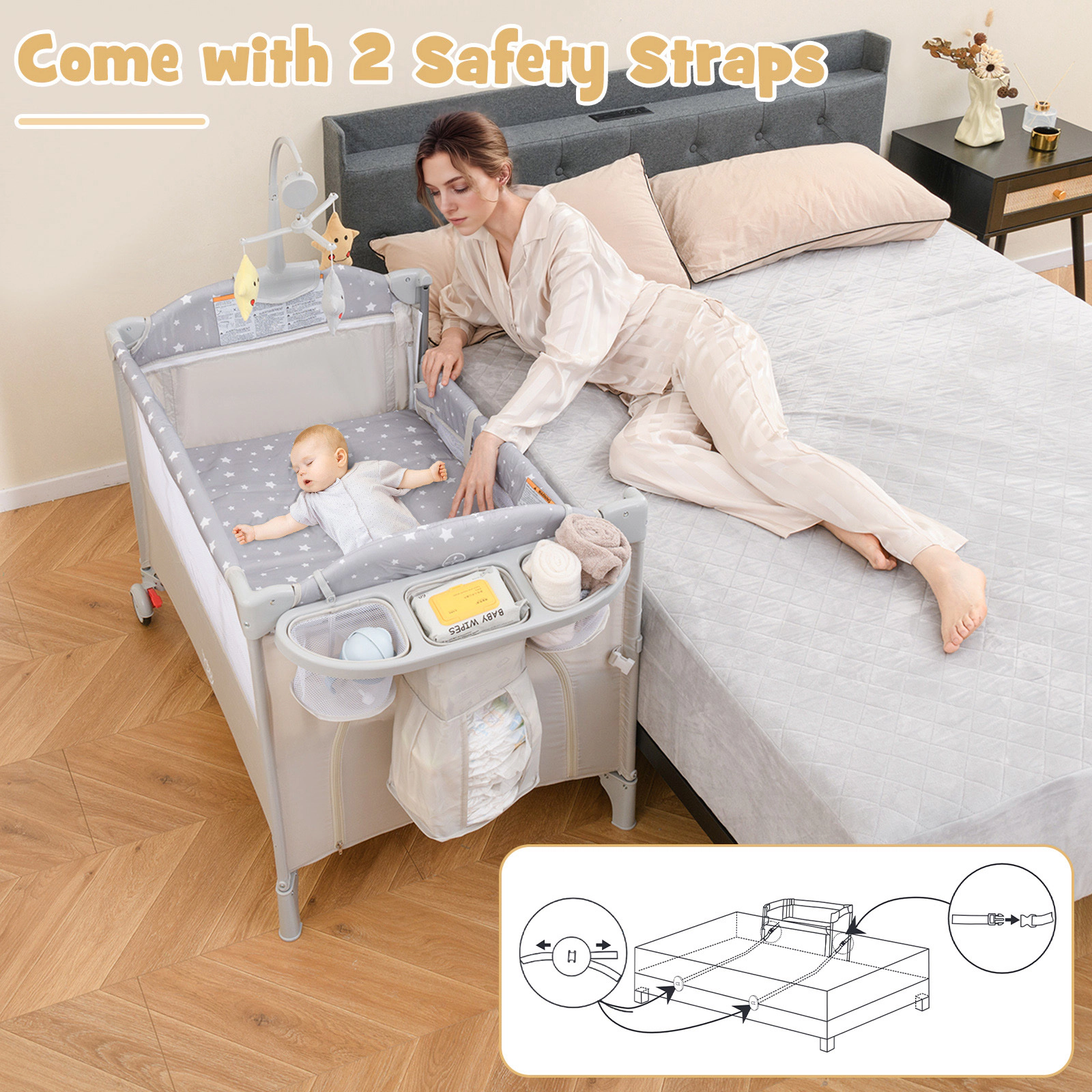 SUGIFT 5-in-1 Pack and Play Baby Bedside Sleeper with Diaper Changing Table Music Box and Storage Shelf Beige