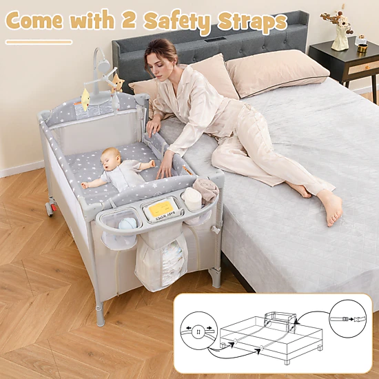 SUGIFT 5-in-1 Pack and Play Baby Bedside Sleeper with Diaper Changing Table Music Box and Storage Shelf Beige