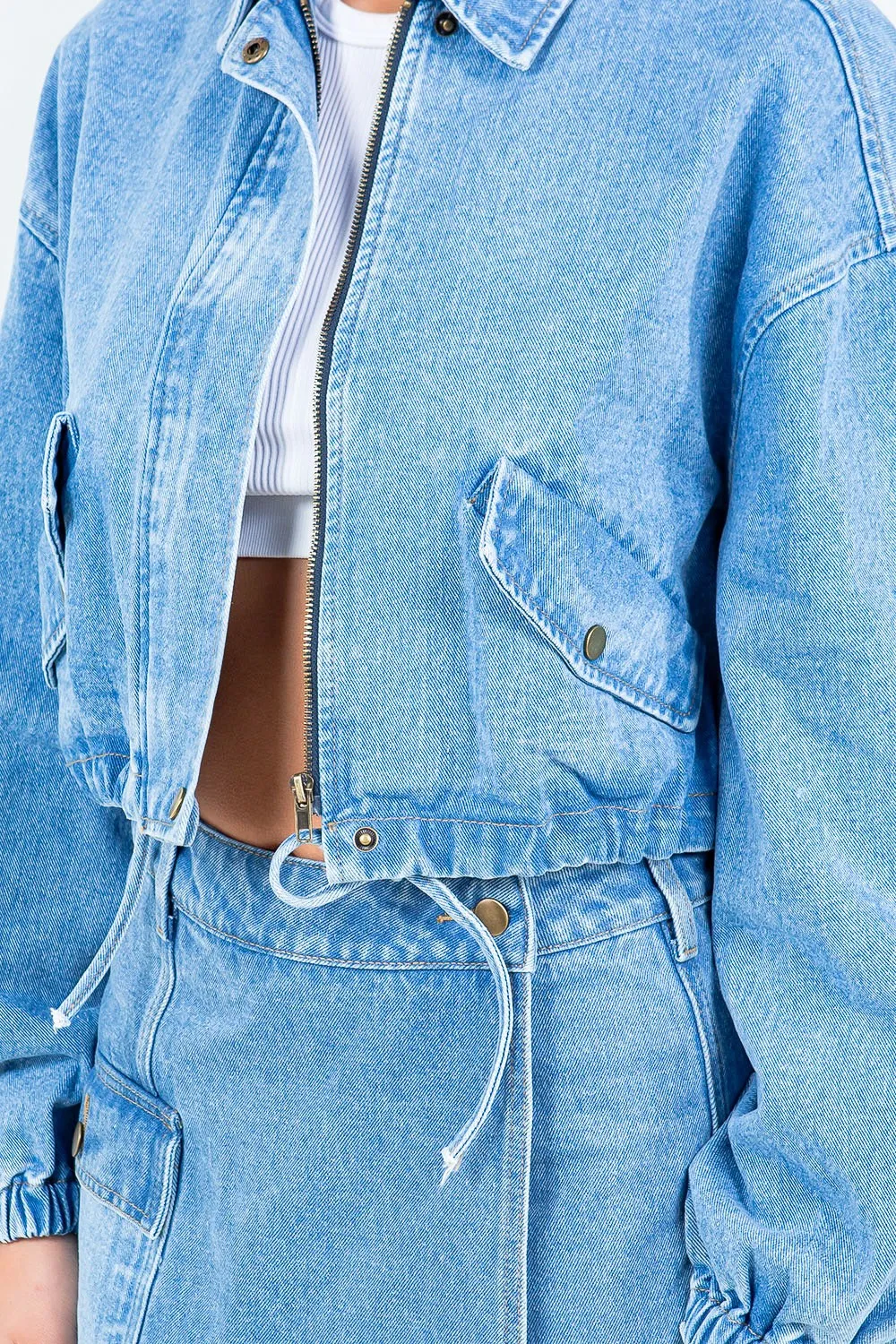 TRUEDAMES Women Drawstring Waist Crop Denim Jacket