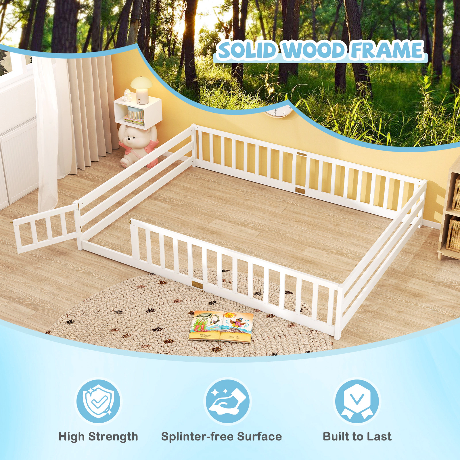 SUGIFT Low-to-Ground Queen Size Montessori Floor Bed Frame Toddler Bed Full-Length Safety Guardrails & Lockable Door