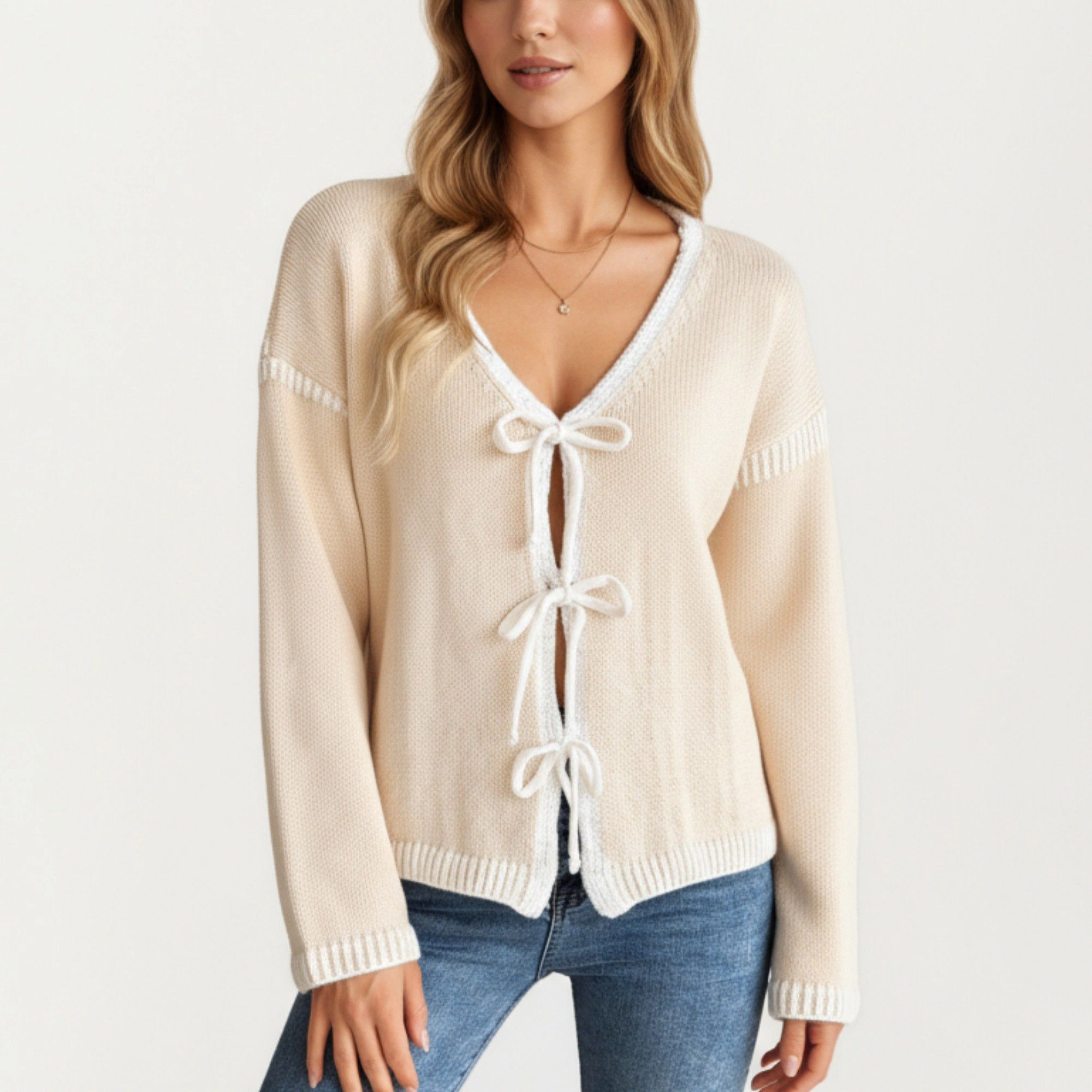 Anna-Kaci Women's Knit Cardigan with Front Tie Closures and Contrast Trim