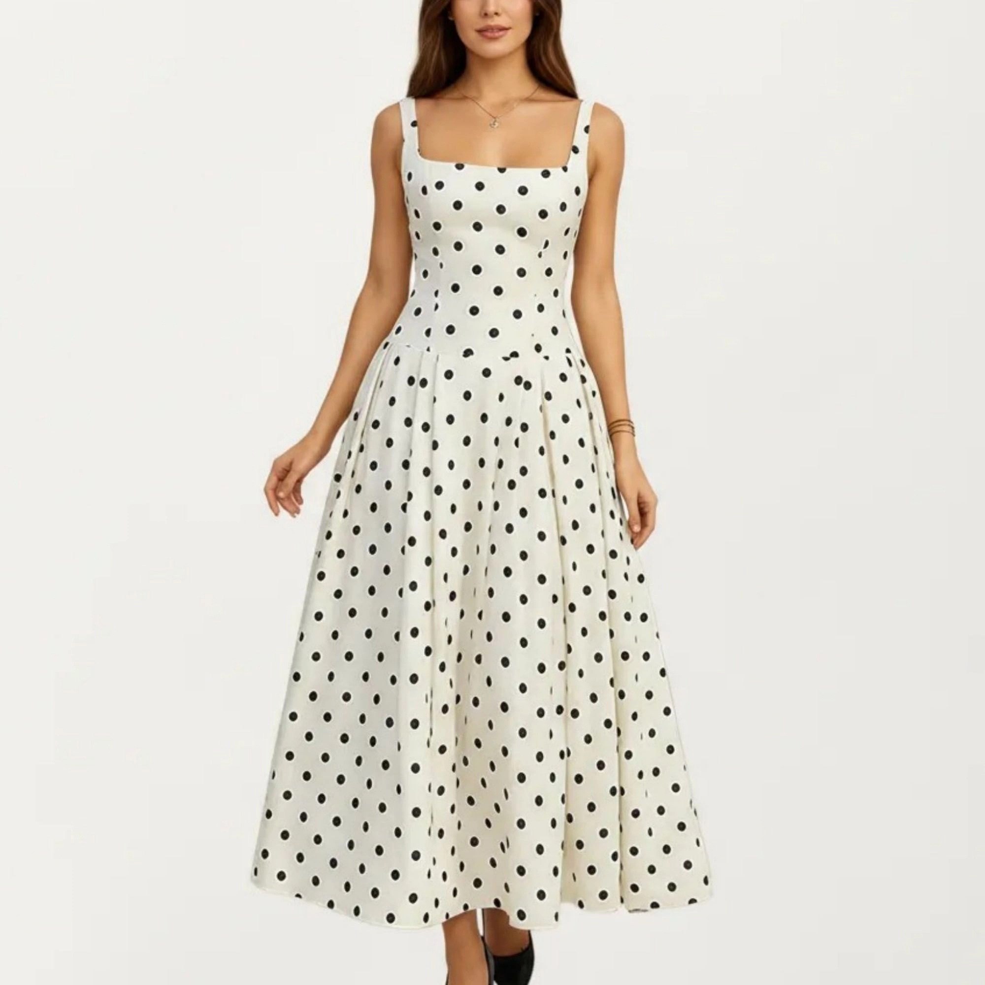Anna-Kaci Polka Dot Square Neck Pleated A-Line Midi Dress