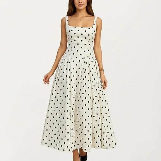 Anna-Kaci Polka Dot Square Neck Pleated A-Line Midi Dress