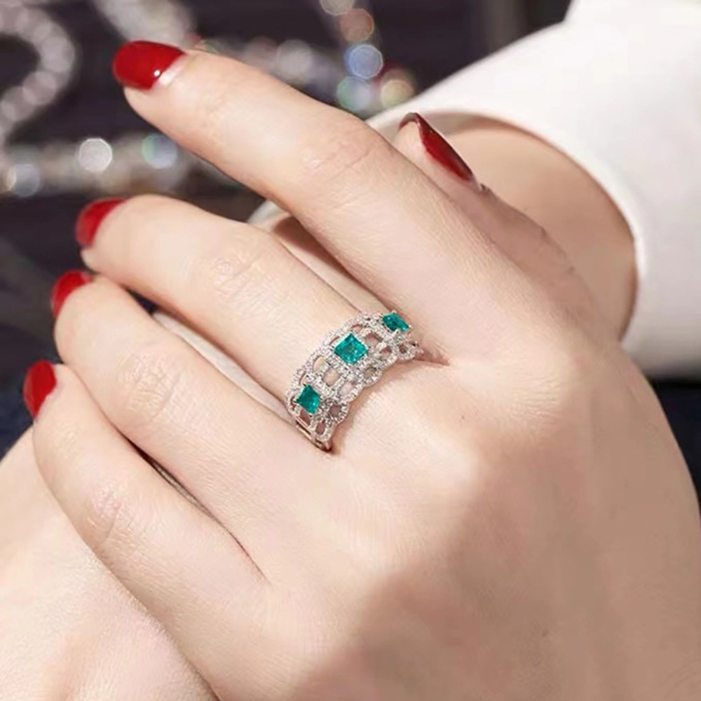 Luxury Green Synthetic Gemstone Hollow Wide Ring
