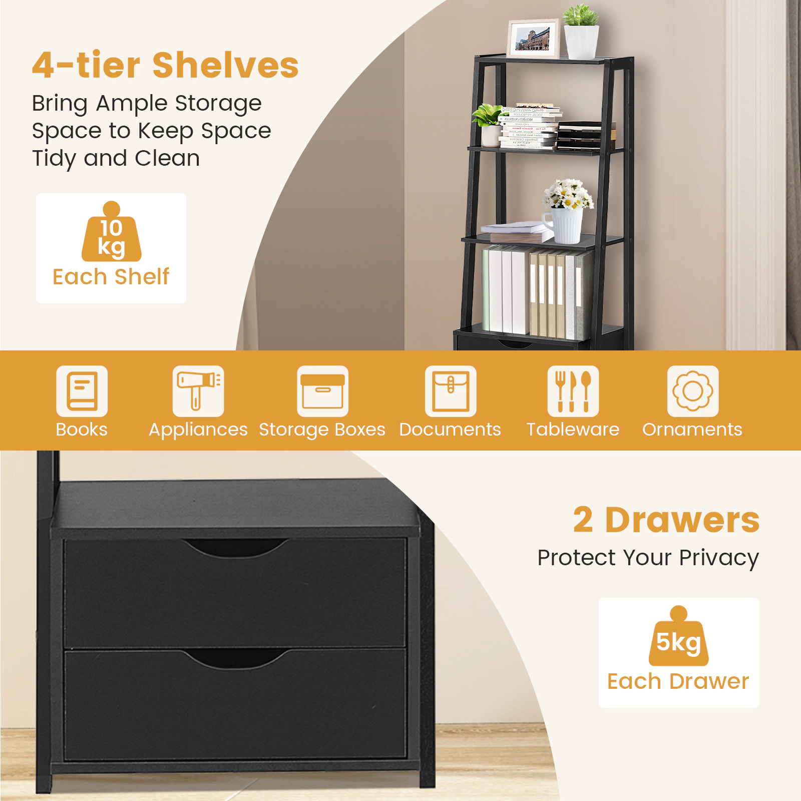 SUGIFT 4-Tier Black 52.4-in Ladder Shelf Bookshelf with 2 Storage Drawers Cut-Out Handles and Toppling Kit