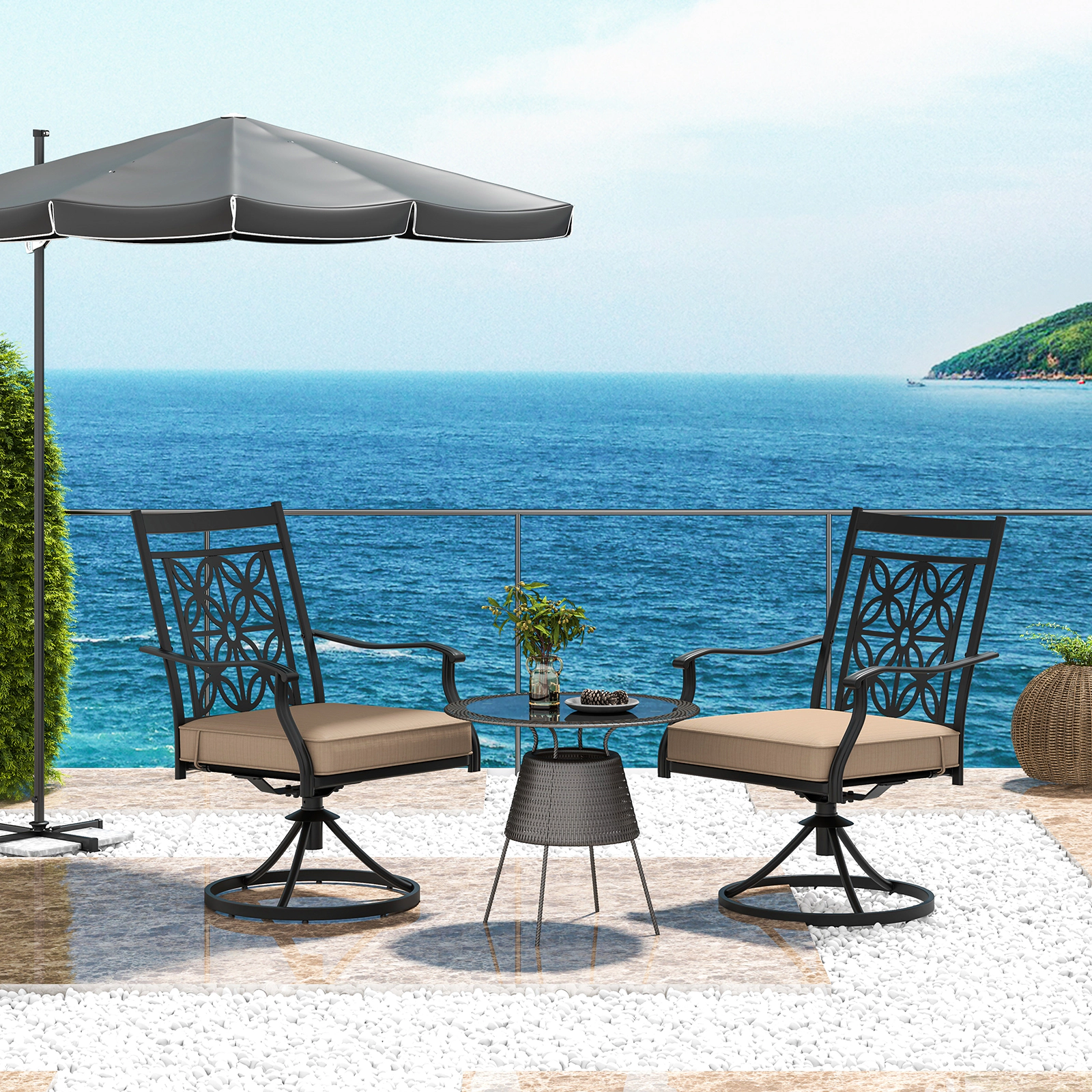 LJG 2 Pieces Patio Swivel Chairs with Blossom Pattern Backrest and Cushions