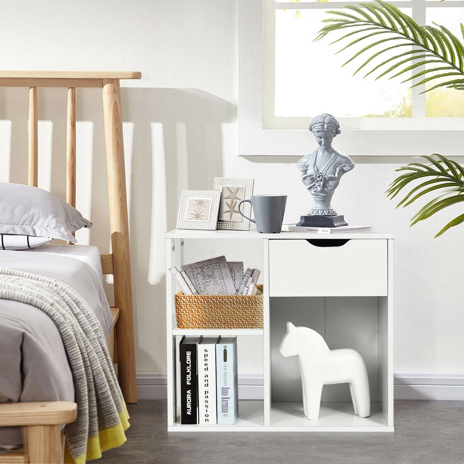 SUGIFT 3-Tier Bookcase Side Table with Drawer and Shelves 110-lb Top Capacity Rustic Brown / Black / White