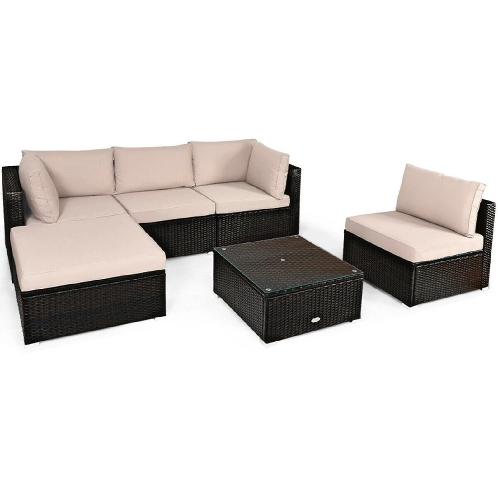 SUGIFT 6-Piece 355-lb Capacity Hand-Woven Rattan Outdoor Patio Sectional Sofa Set with Ottoman and Glass Table